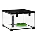 30 x 30 x 20 cm Reptile Glass Terrarium with Thermometer and Feeding Port - Black
