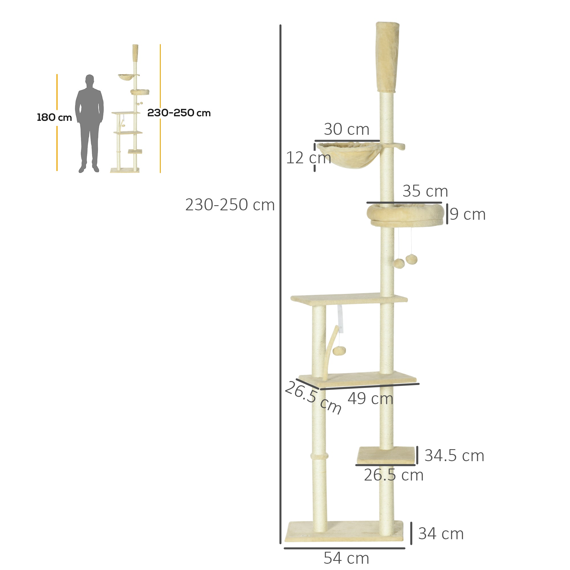 Floor to Ceiling Cat Tree, 6-Tier Play Tower Climbing Activity Center w/ Scratching Post, Platforms, Adjustable Height, Beige