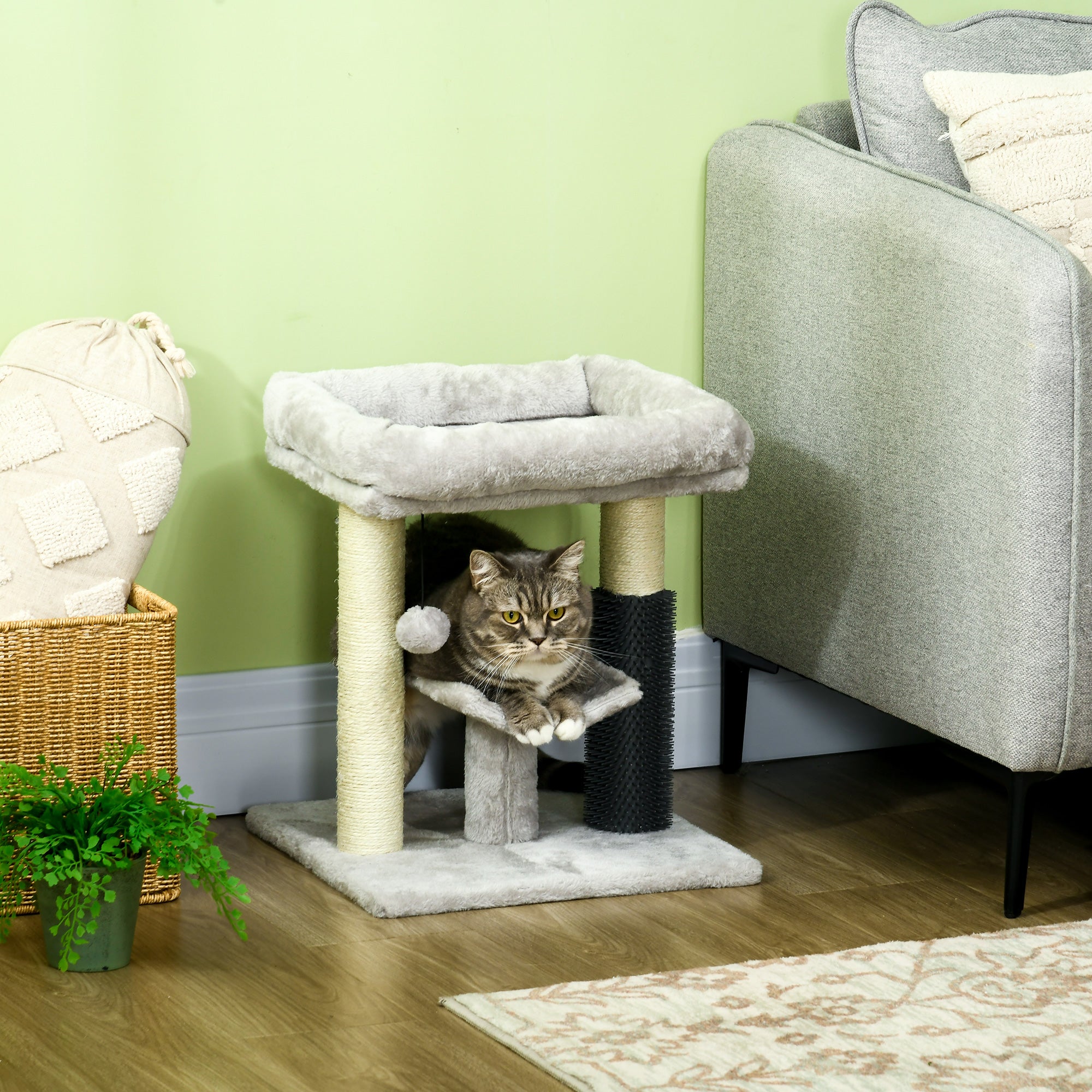 48cm Cat Tree, Cat Tower with Cat Self Groomer Cat Scratching Post with Hanging Ball, Self Groomer and Perches, Grey