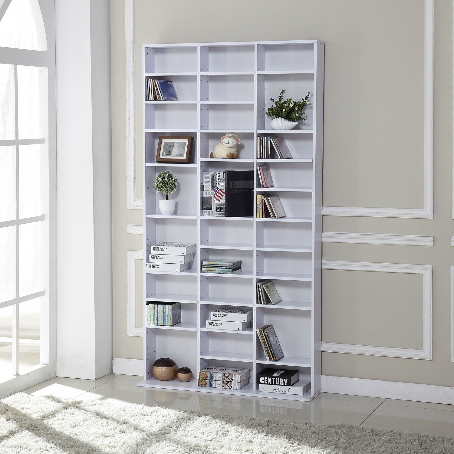 CD / DVD Storage Shelf Storage Unit for 1116 CDs Height-Adjustable Compartments 102 x 24 x 195 cm White