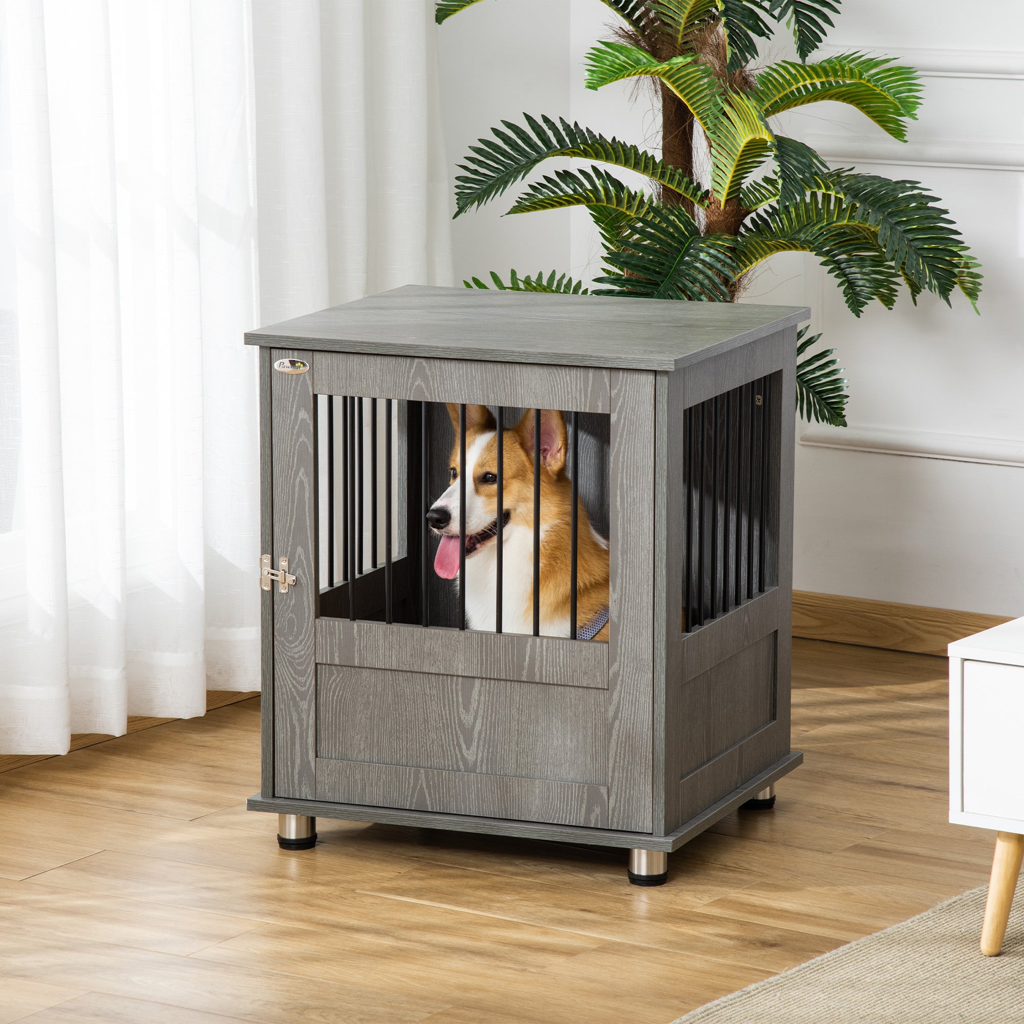 Dog Crate Furniture, Wooden End Table, Small Pet Kennel with Magnetic Door Indoor Crate Animal Cage, Grey