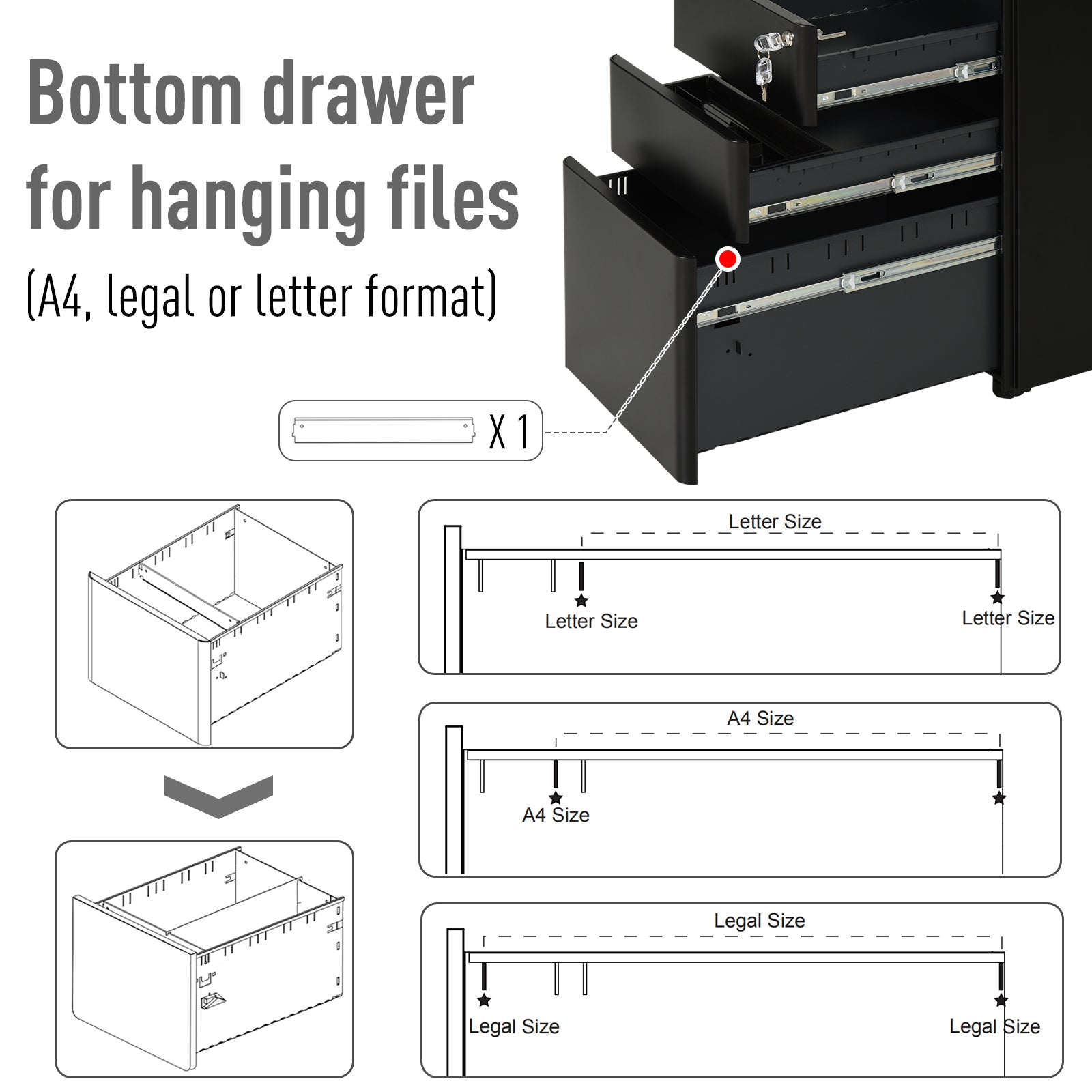 3-Drawer Lockable File Cabinet for Letter/legal/A4, Steel Metal Filing Cabinet,Home Office File Storage Cabinet with Wheel, Black