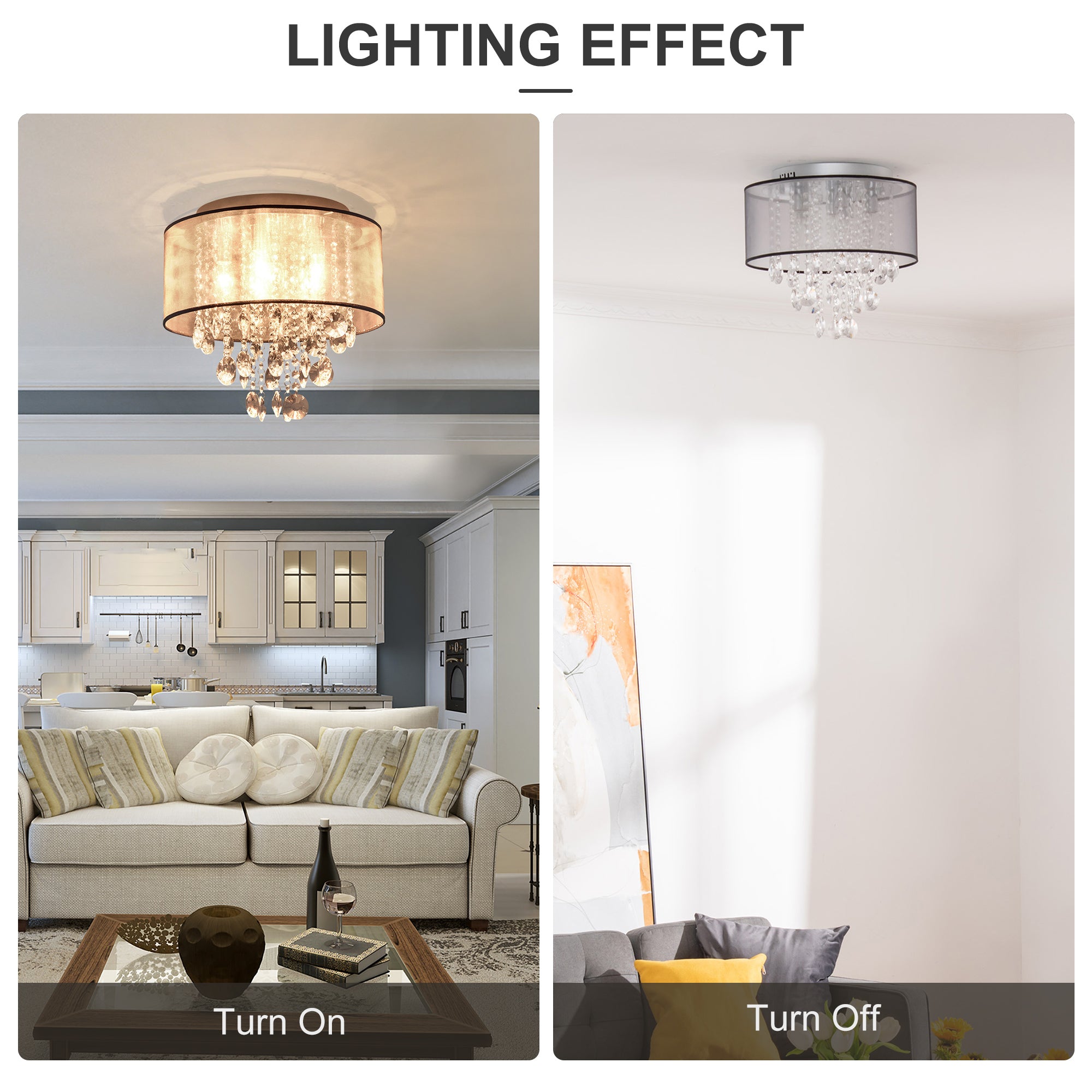 Modern Crystal Chandelier Flush Mount LED Ceiling Light with Drum Shade for Living Room Bedroom Dining Room Silver