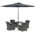 6 Piece 4 Seater Outdoor Rattan Garden Dining Set with Umbrella & Cushions - Mixed Grey