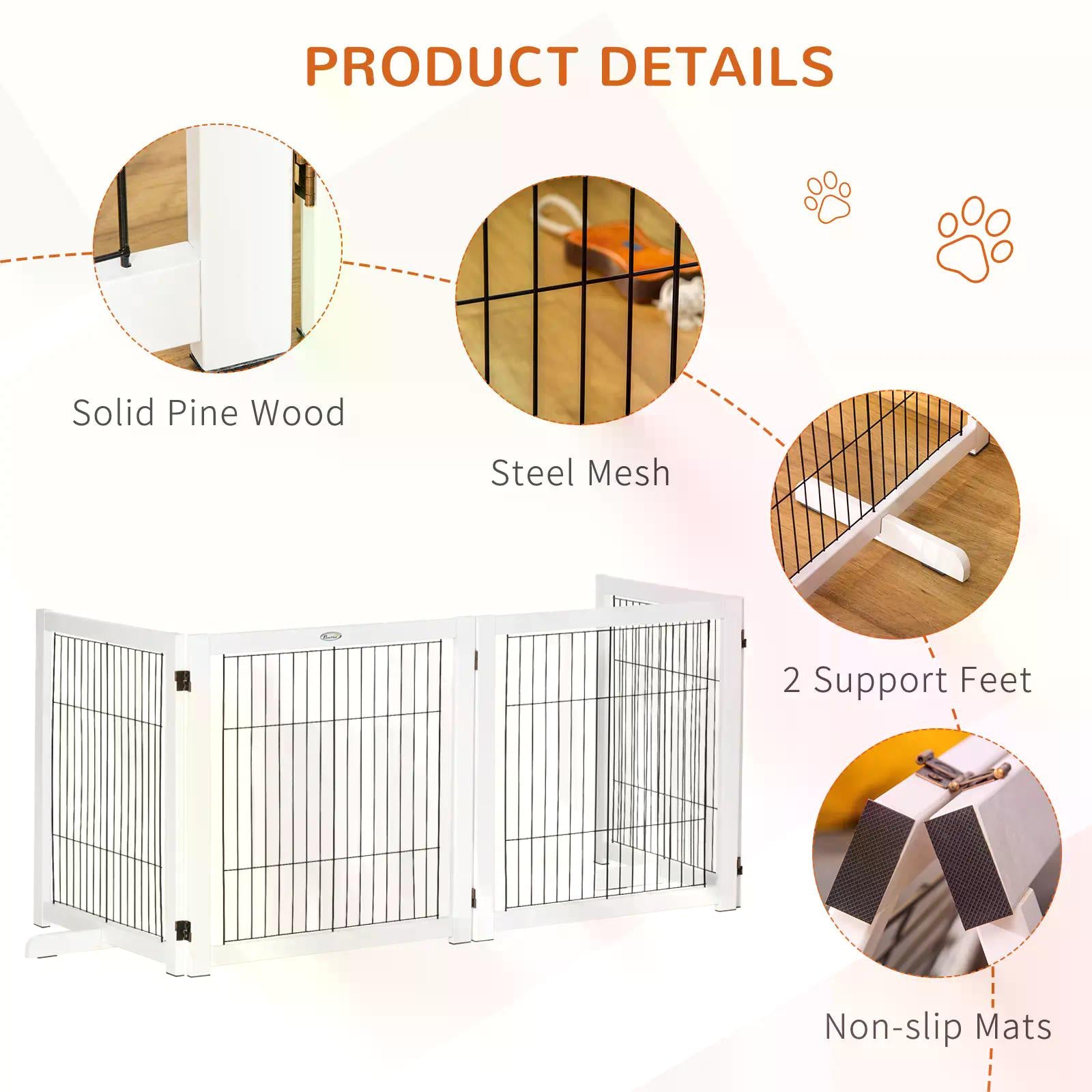 Dog Gate Wooden Foldable Small & Medium-Sized Pet Gate 4 Panel with Support Feet Pet Fence Safety Barrier for House Doorway Stairs White