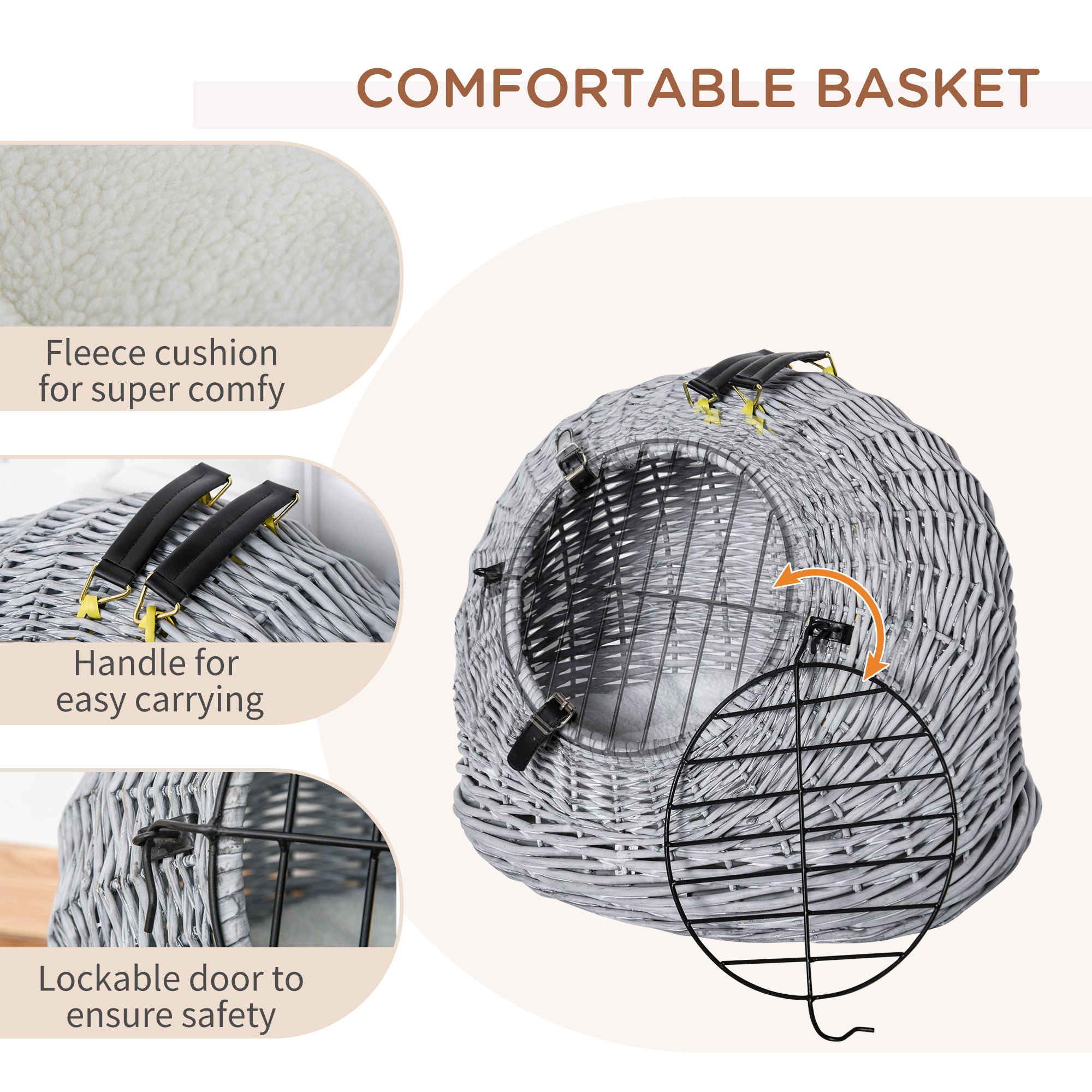 Wicker Pet Carrier Basket Cat Kitten Bed Portable Travel Cage w/ Soft Cushion Handle Grey 50 x 40 x 40 cm