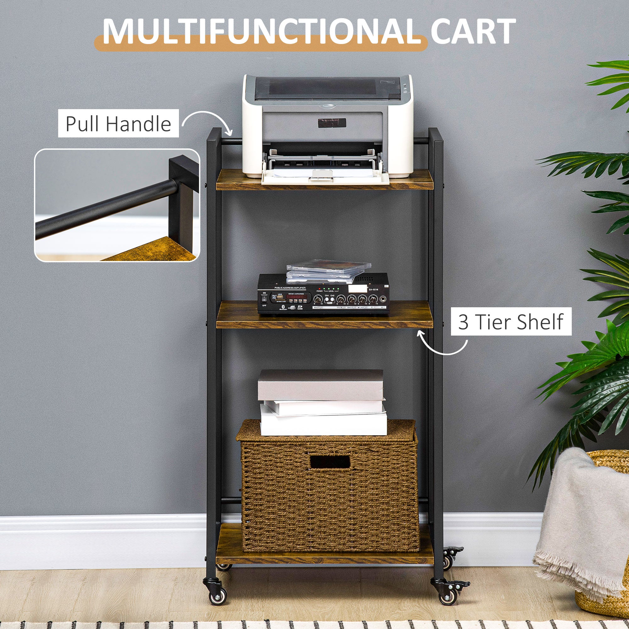 3-Tier Printer Stand, Utility Cart, Rolling Trolley with Adjustable Shelves with Lockable Wheels for Home Office, Rustic Brown