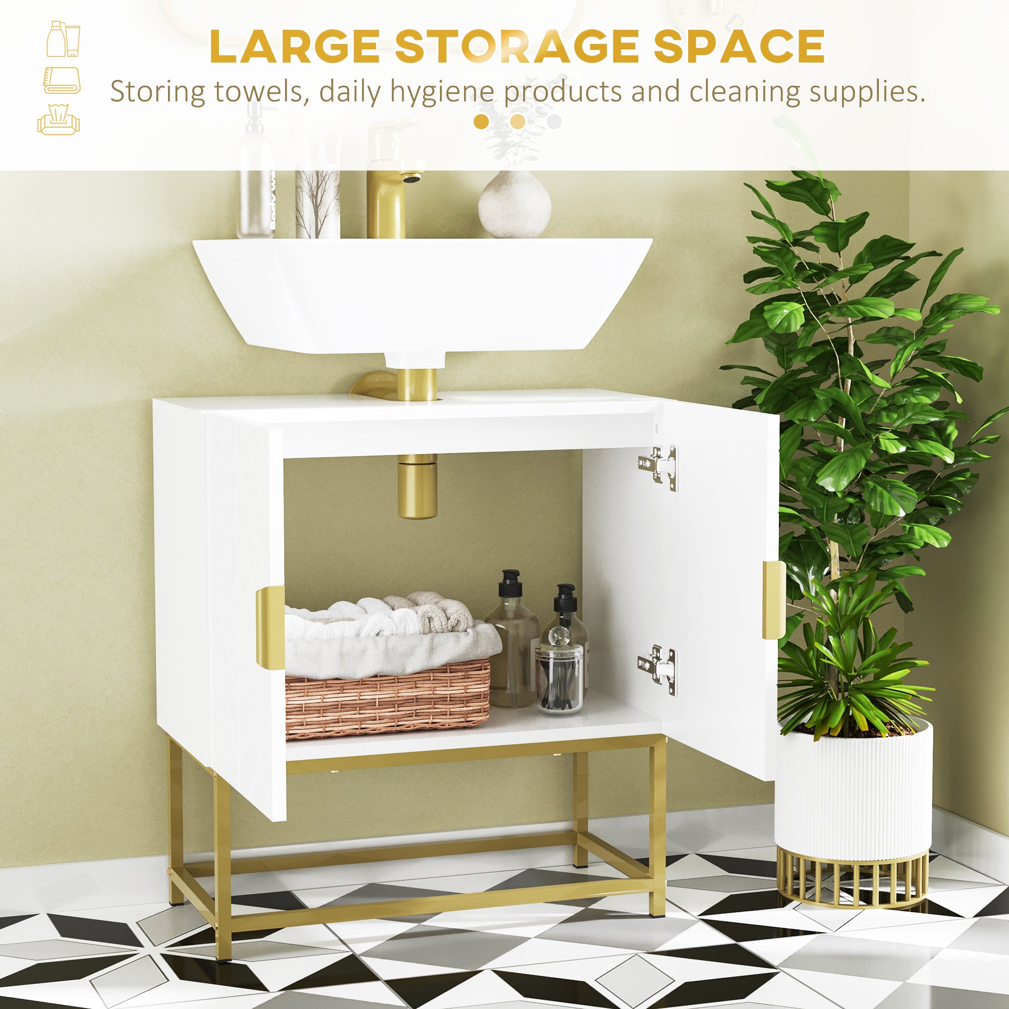 Bathroom Mirror Cabinet Under Sink Storage Cabinet Basin Cupboard with 2 Doors and Gold Steel Legs