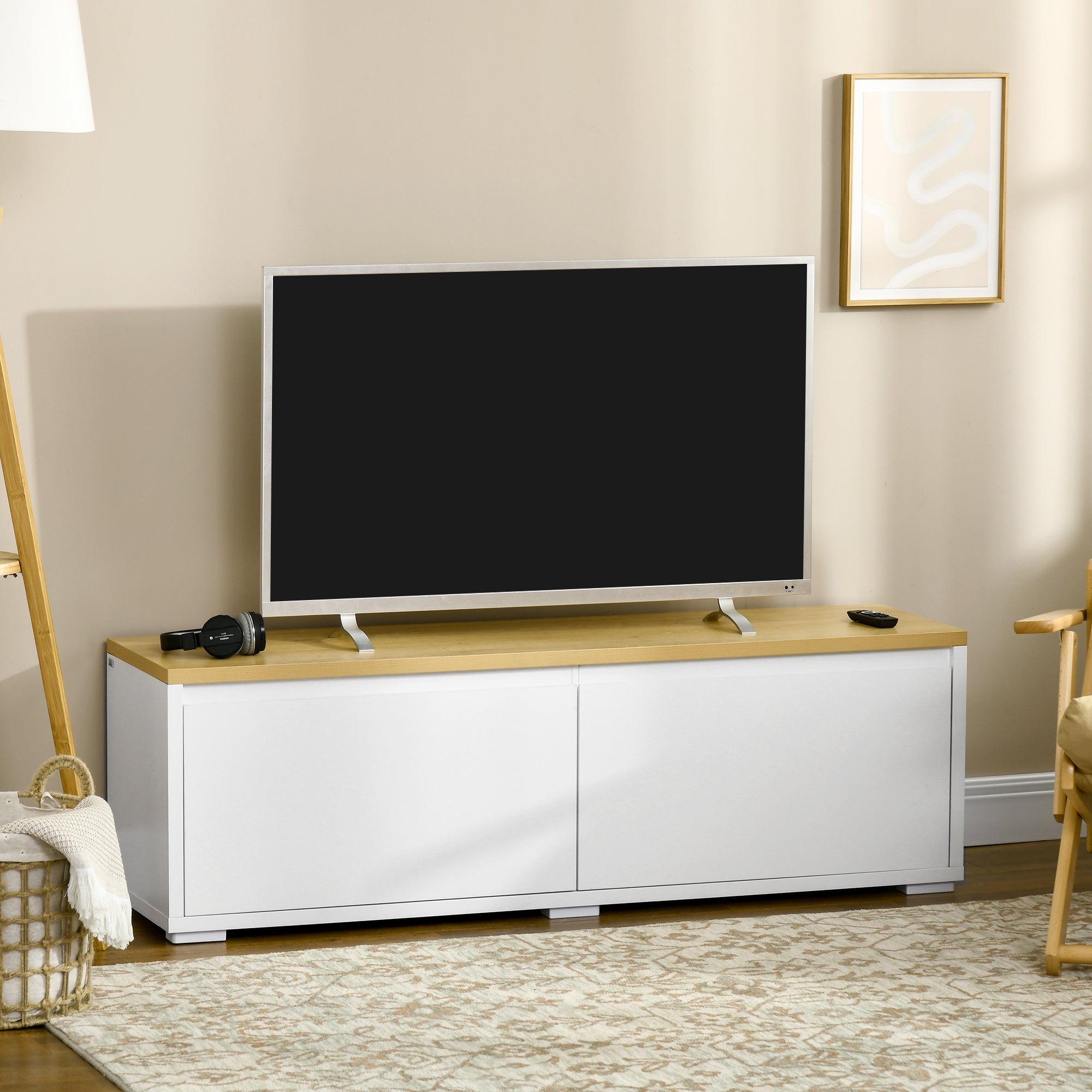 Modern TV Stand, 140cm Modern TV Unit with 2 Cupboards for TVs up to 65 Inches, Wood Entertainment Unit for Living Room, White