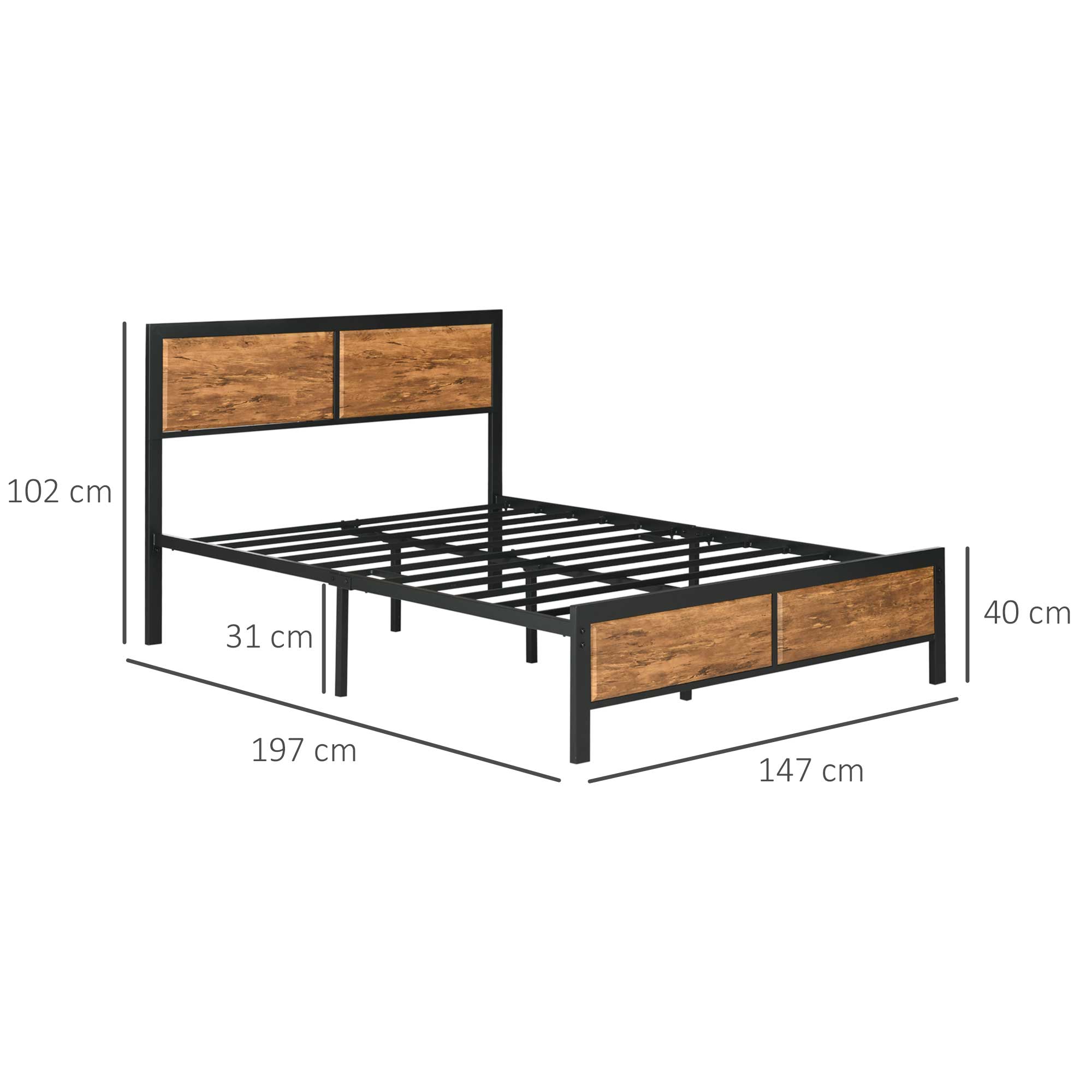 Industrial King Size Bed Frame, 5FT Steel Bed Base with Headboard, Footboard, Slatted Support and Under Bed Storage, 160 x 207cm