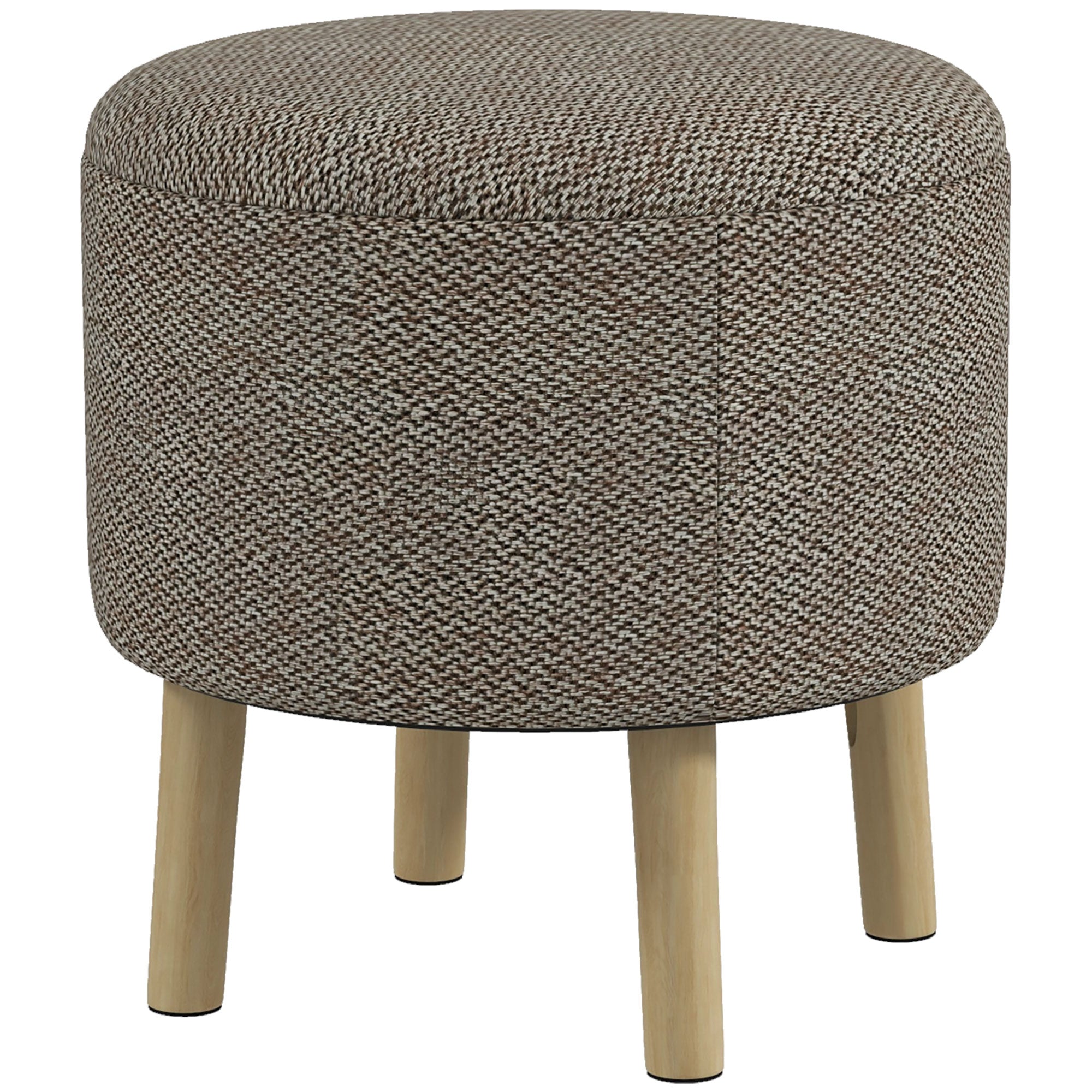 Round Ottoman Stool with Storage, Linen Fabric Upholstered Foot Stool with Padded Seat, Hidden Space and Wood Legs