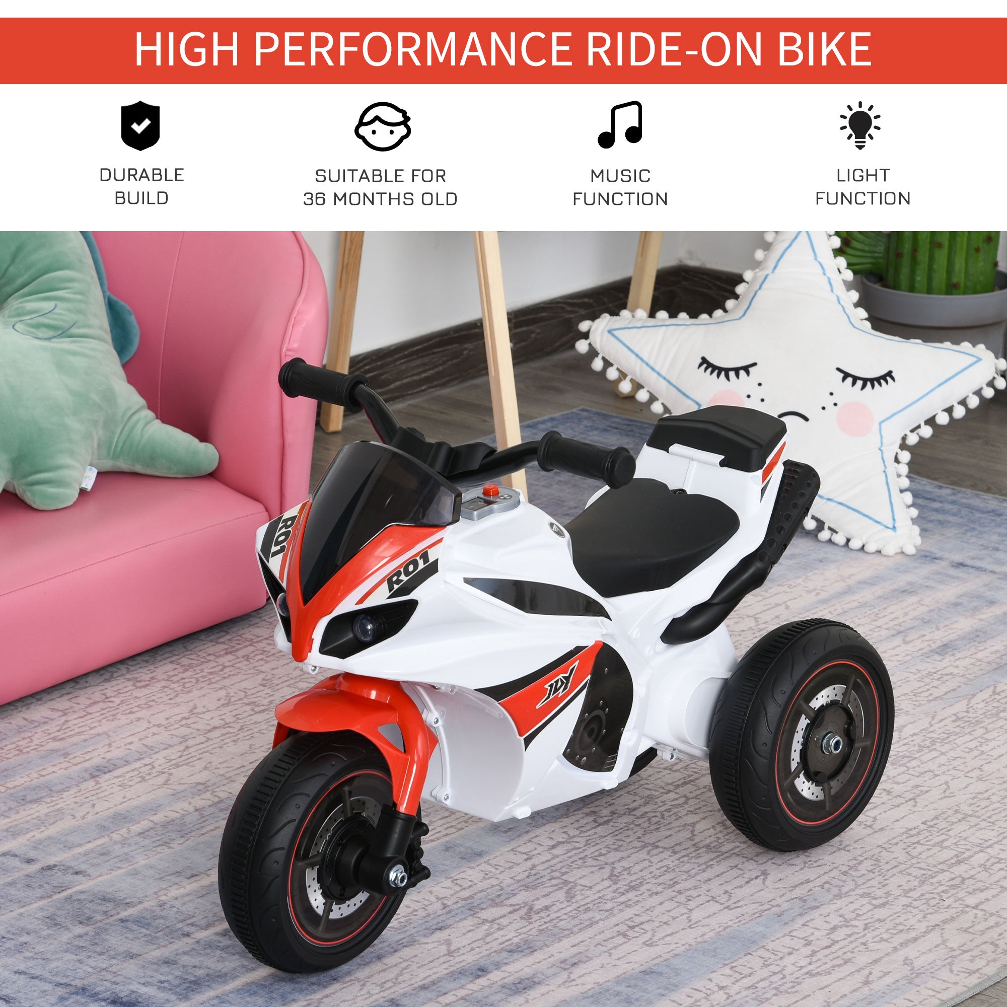 Kids Ride-On Police Bike 3-Wheel Vehicle w/ Music Lights Safe Seat Handlebars Toddler Child Learning Fun Development 18-36 Months White