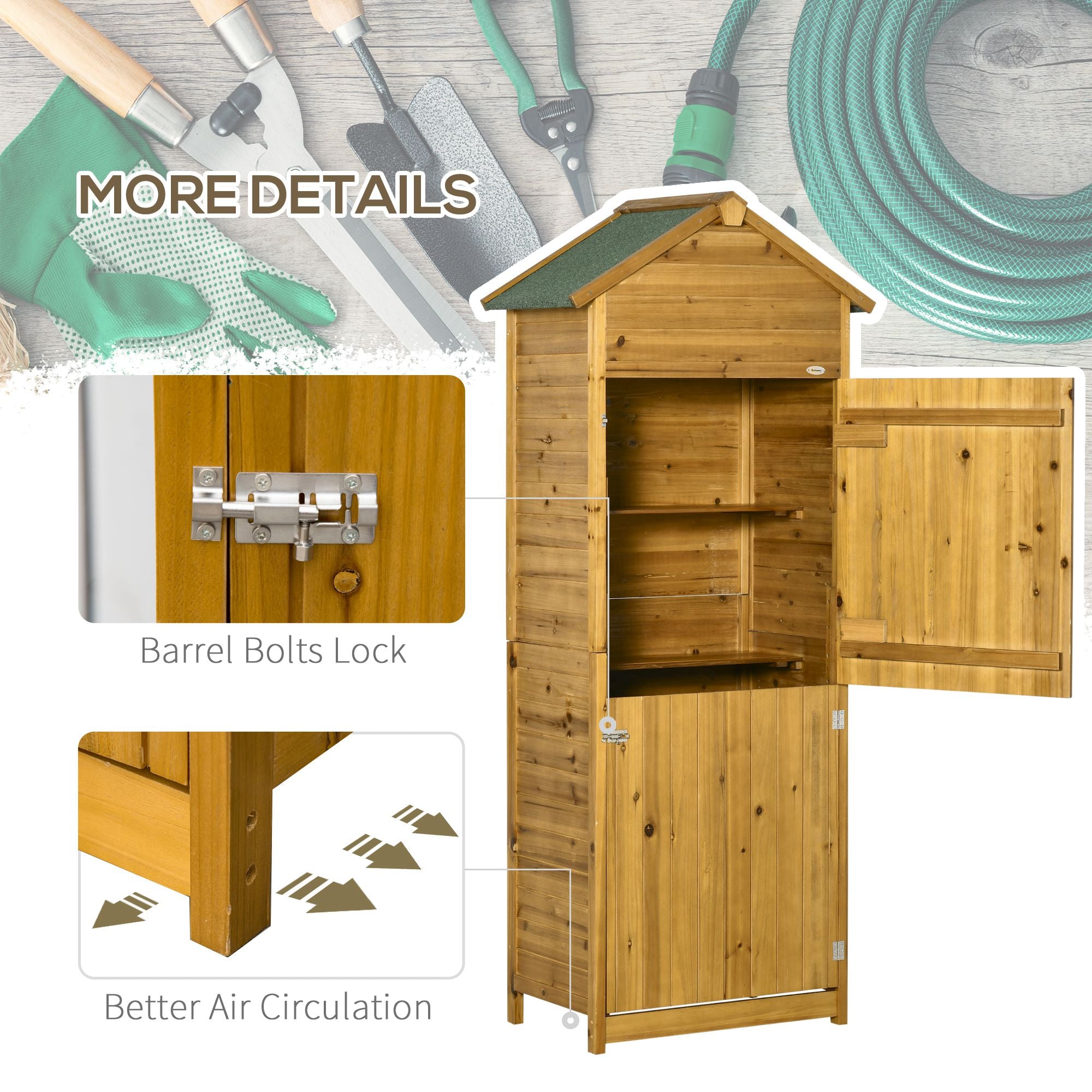 Wooden Garden Storage Shed Utility Gardener Cabinet w/ 3 Shelves and 2 Door, 191.5cm x 79cm x 49cm, Natural Wood Effect