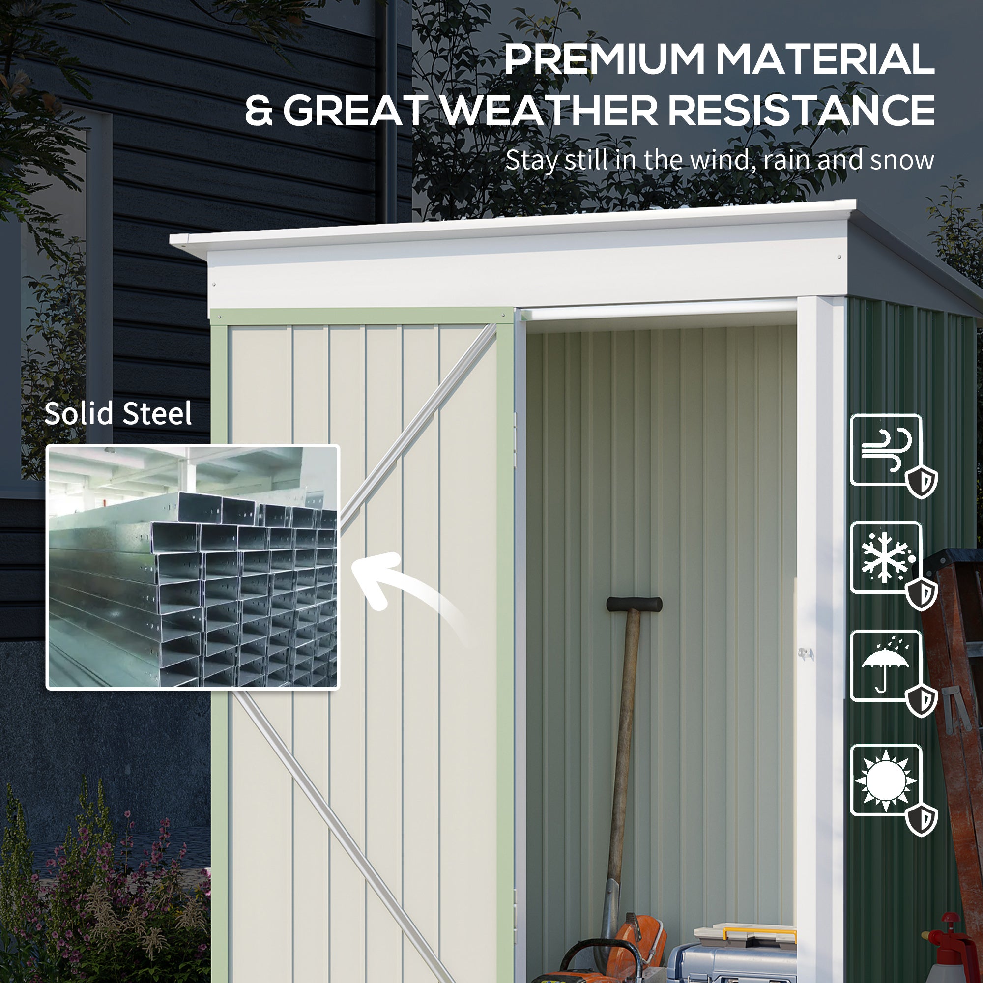 5'x3'x6' Metal Garden Shed Roofed Lean-to Shed for Tool Motor Bike, with Adjustable Shelf, Lock, Gloves, Green