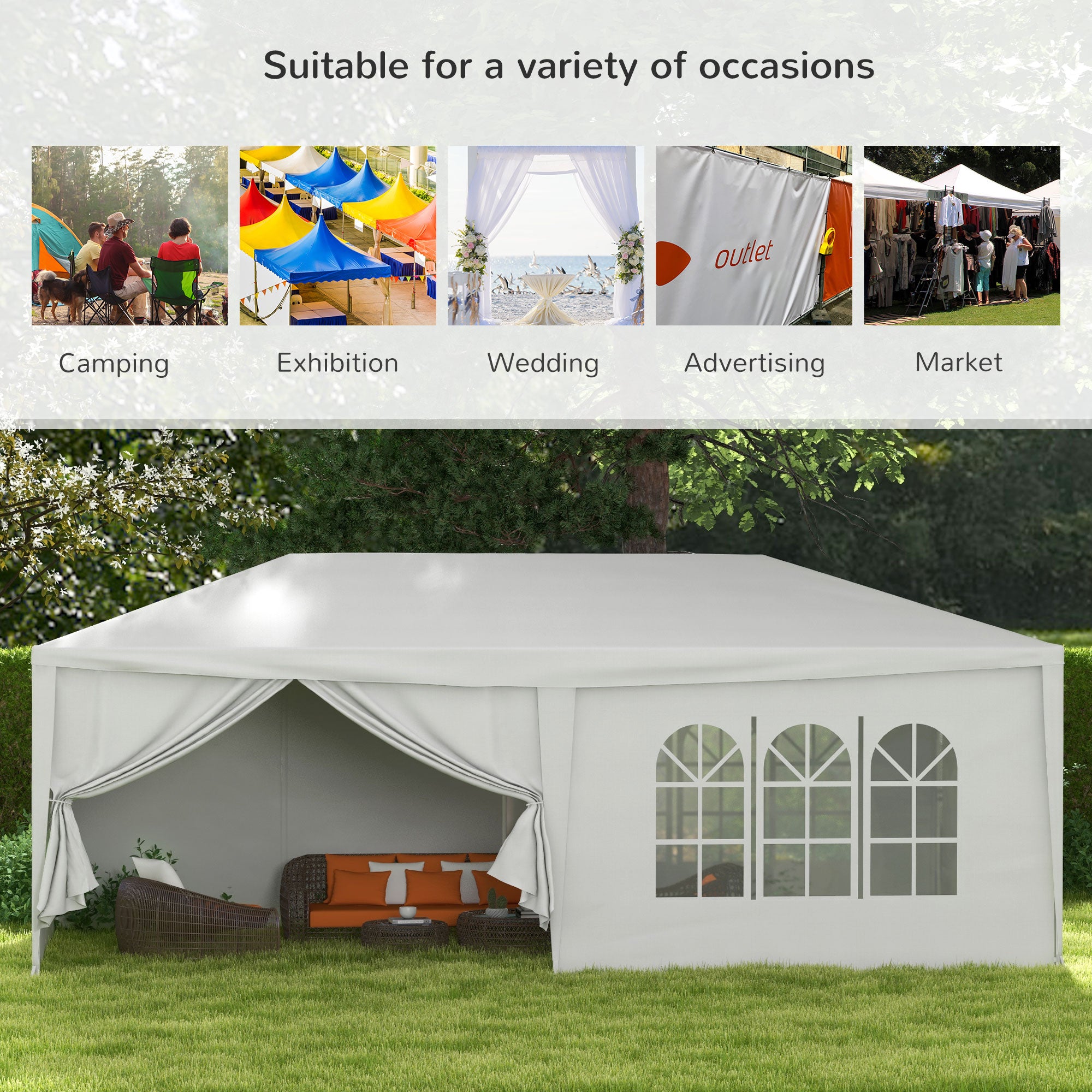 6 x 3 m Outdoor Waterproof Party Tent with 6 Removable Side Walls - White