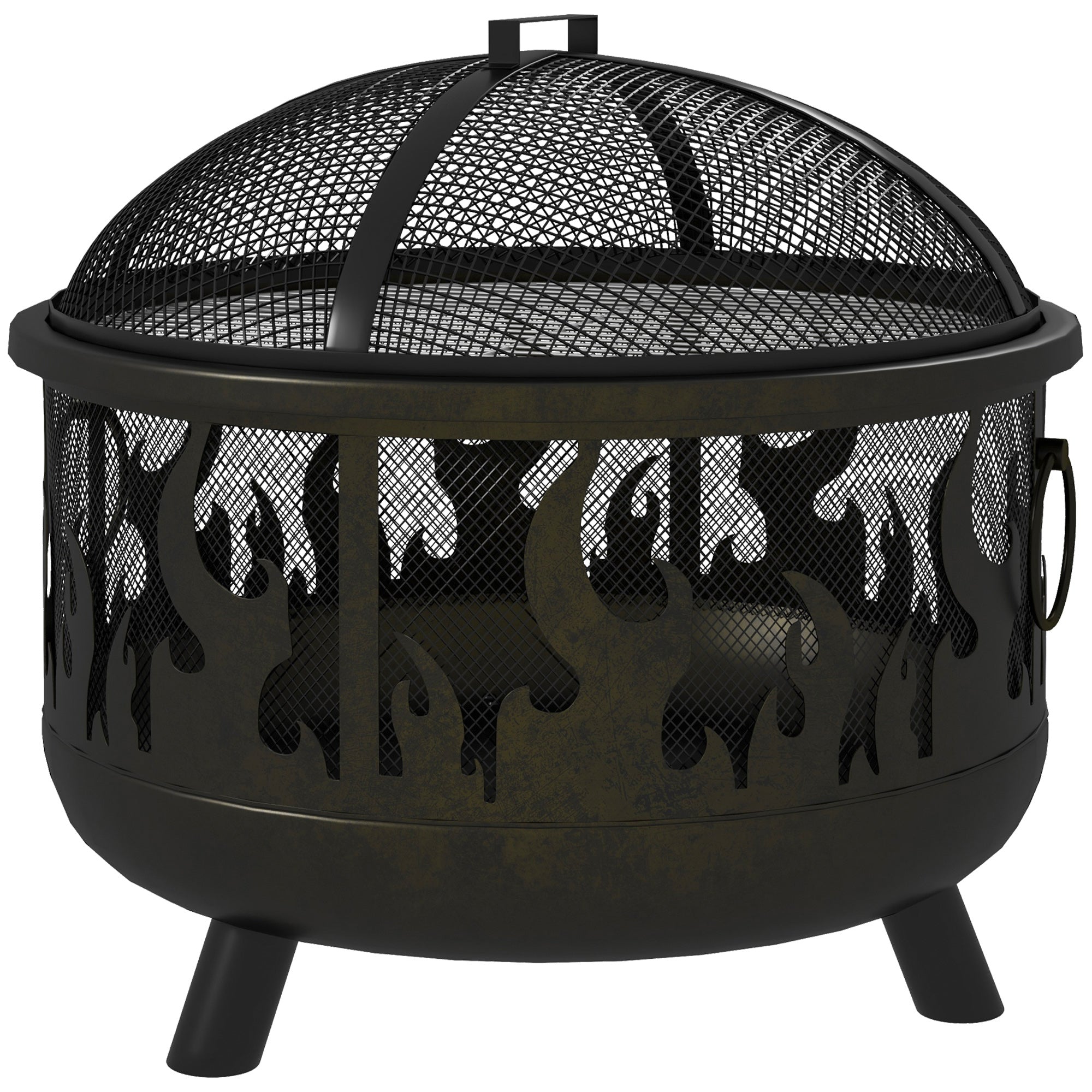 Metal Firepit Bowl Outdoor 2-In-1 Round Fire Pit w/ Lid, Grill, Poker, Handles for Garden, Camping, BBQ, Bonfire, Wood Burning Stove, 61.5 x 61.5 x 52cm, Black