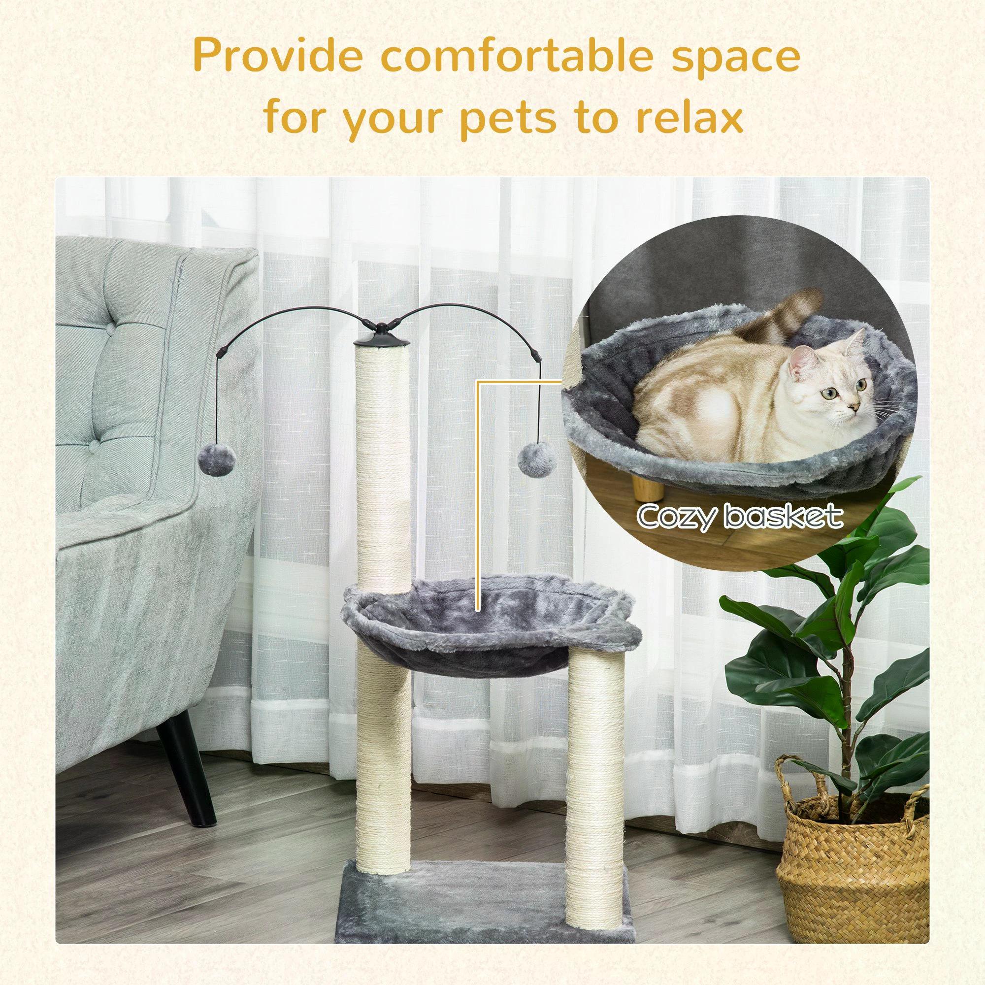 83cm Cat Tree Tower with Sisal Scratching Post Hammock Interactive Ball Toy Kitten Play House Activity Center Furniture Grey