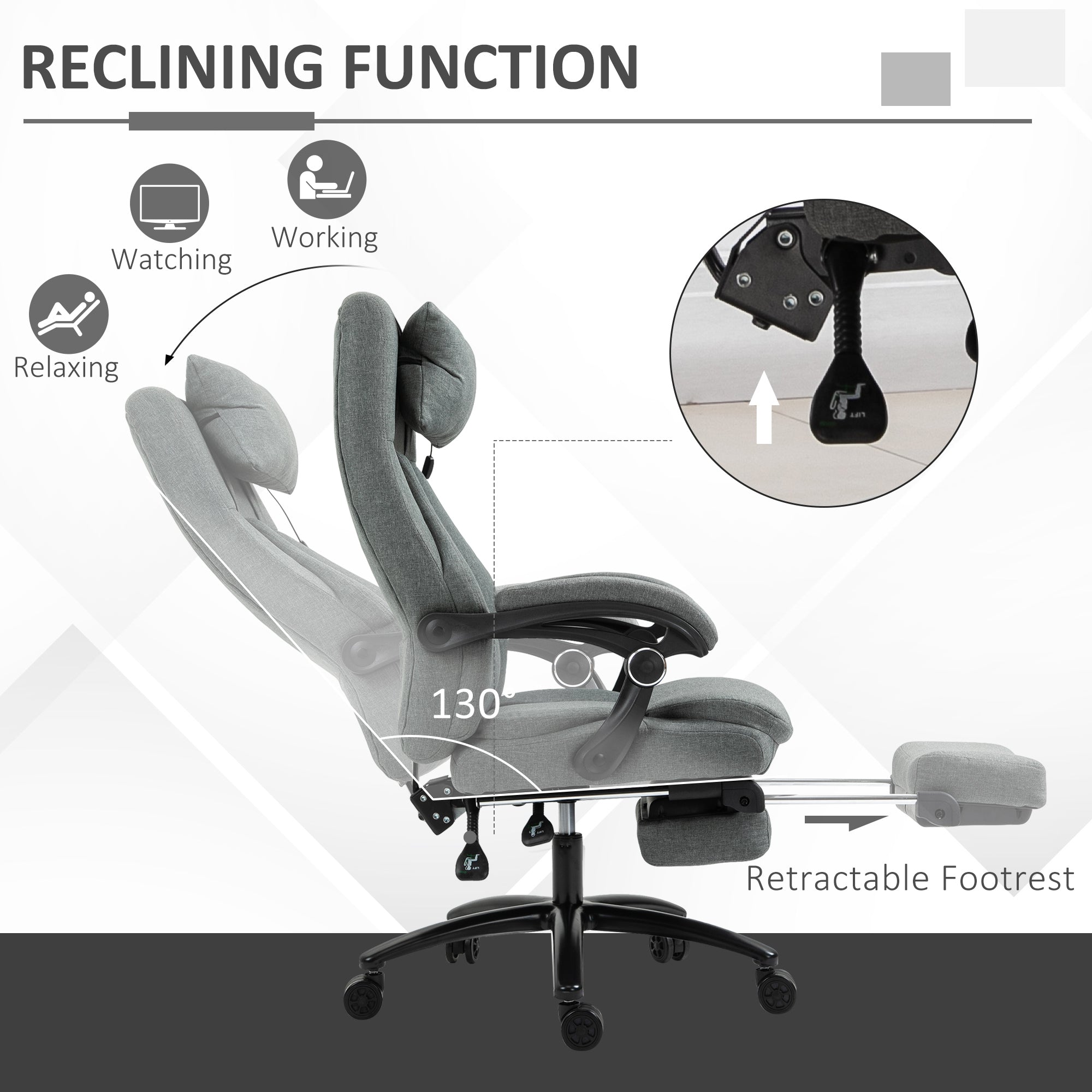 Office Chair 2-Point Removable Vibration Massage Pillow Executive Ergonomic USB Power Adjustable Height 360° Swivel Grey