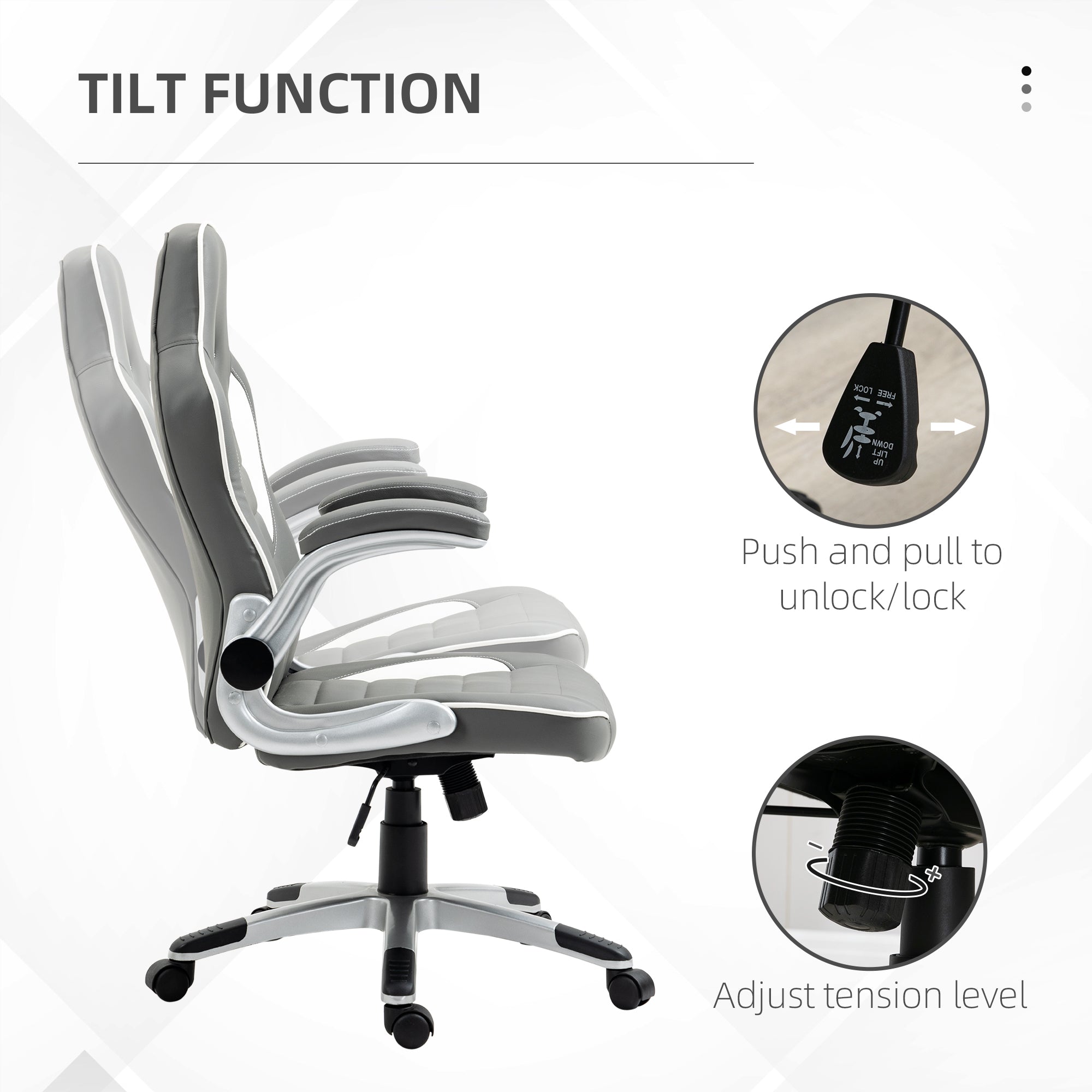 Racing Gaming Chair, PU Leather Computer Desk Chair, Height Adjustable Swivel Chair With Tilt Function and Flip Up Armrests, Grey