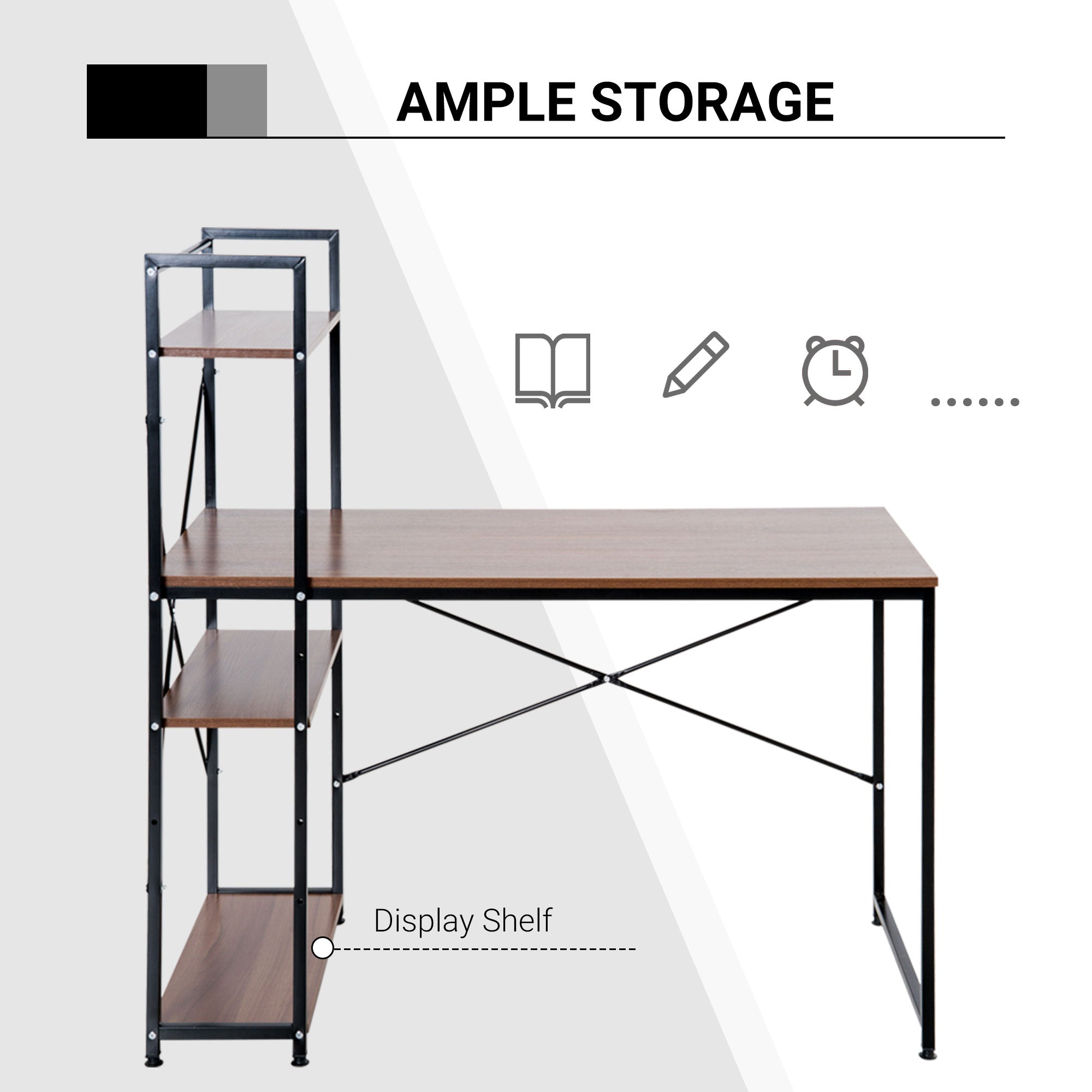 Computer Desk PC Table Study Workstation Home Office with 4-tier Bookshelf Storage Metal Frame Wooden Top (Walnut & Black)