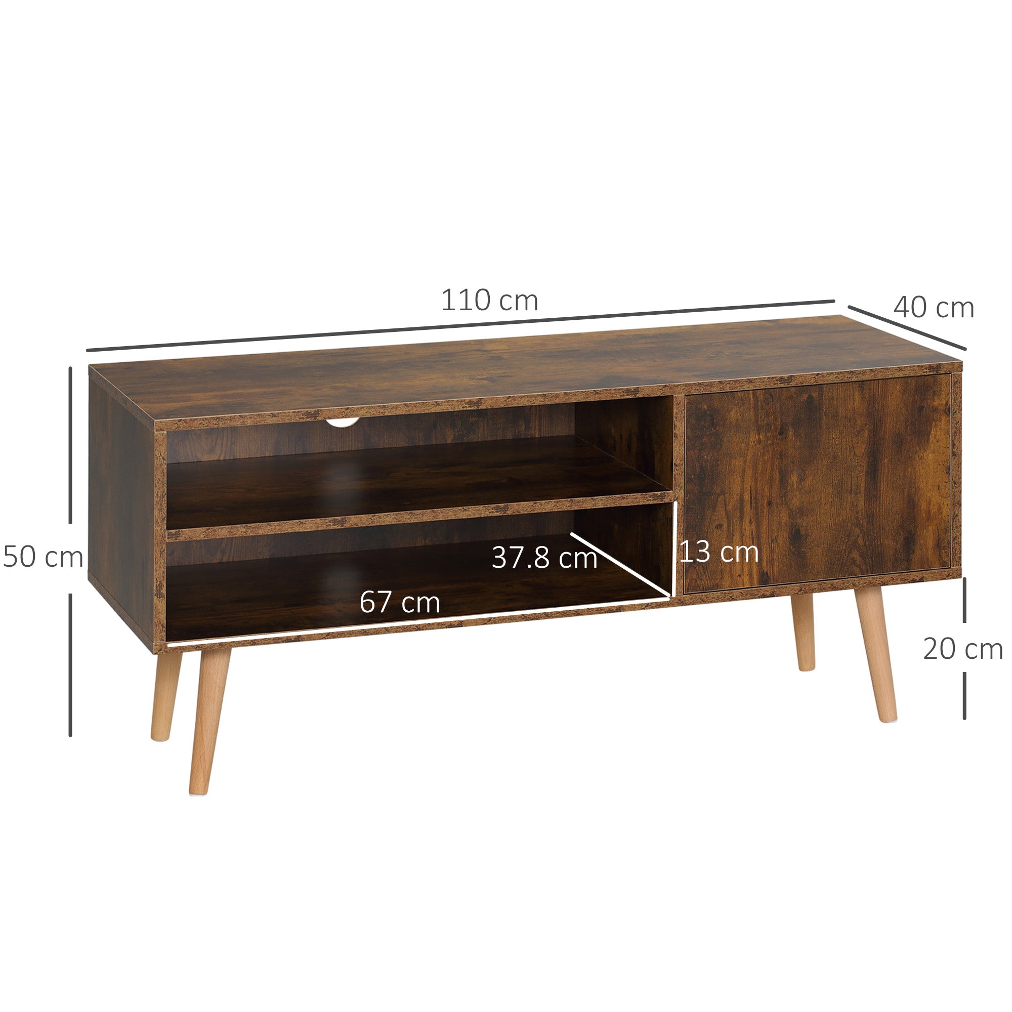 TV Unit Cabinet for TVs up to 55 Inches, TV Stand with Cupboard and Storage Shelves, Cable Holes for Living Room, Brown