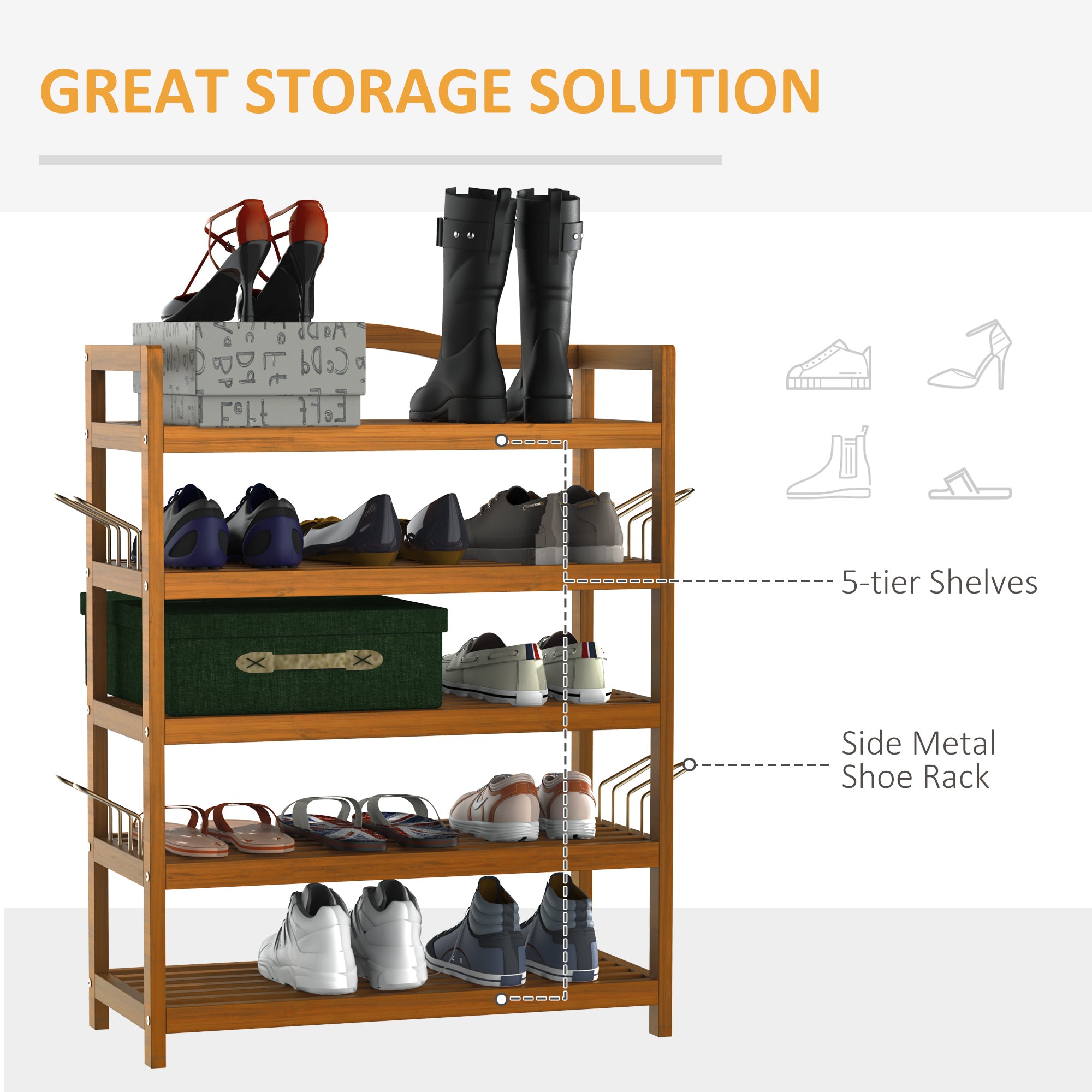 5-Tier Shoe Rack, Acacia Wooden Shoe Storage Organiser with Hangers, Holds up to 24 Pairs, for Entryway, Living Room, 64 x 26 x 82 cm, Teak