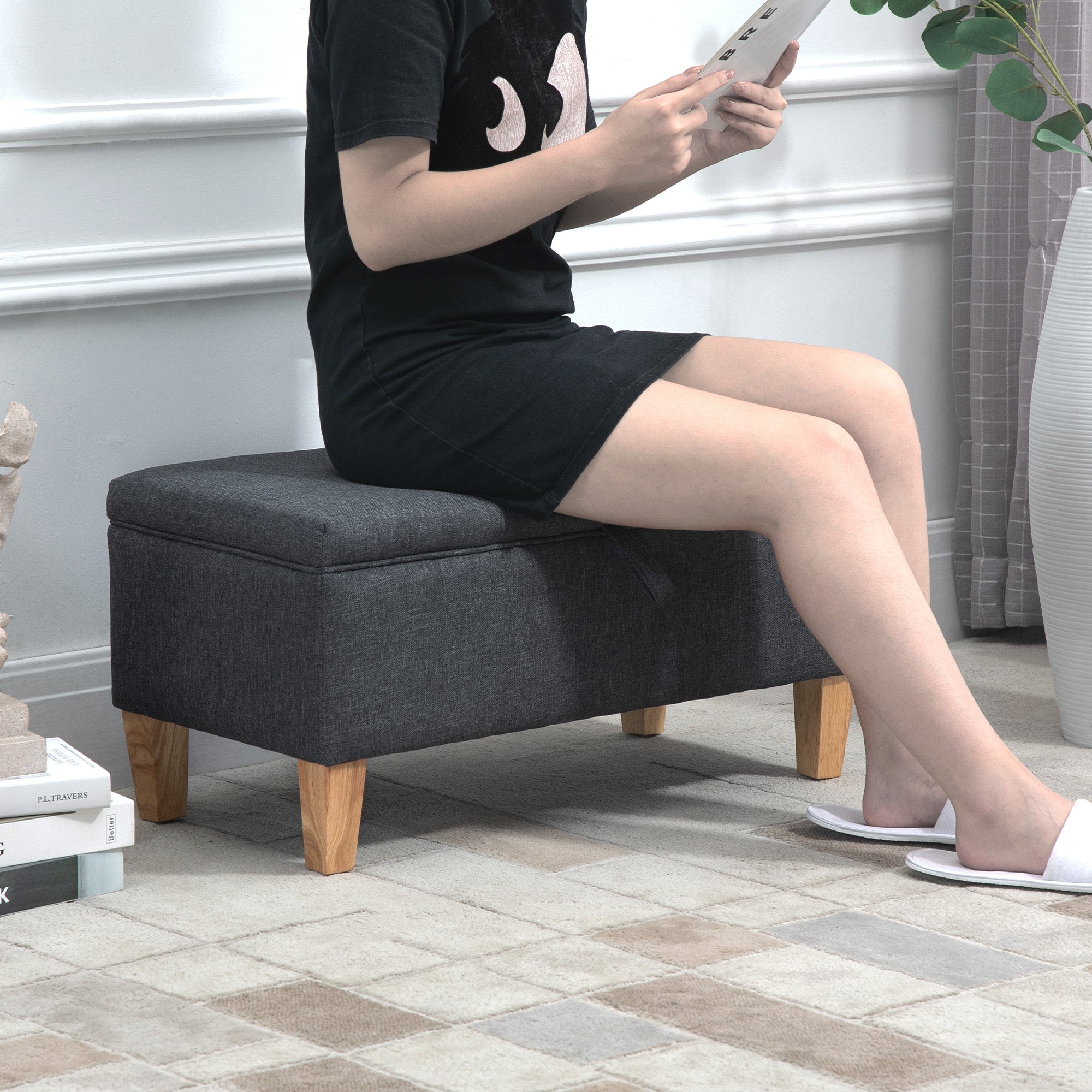 Linen Storage Ottoman Padded Footstool with Rubberwood Legs - Dark Grey