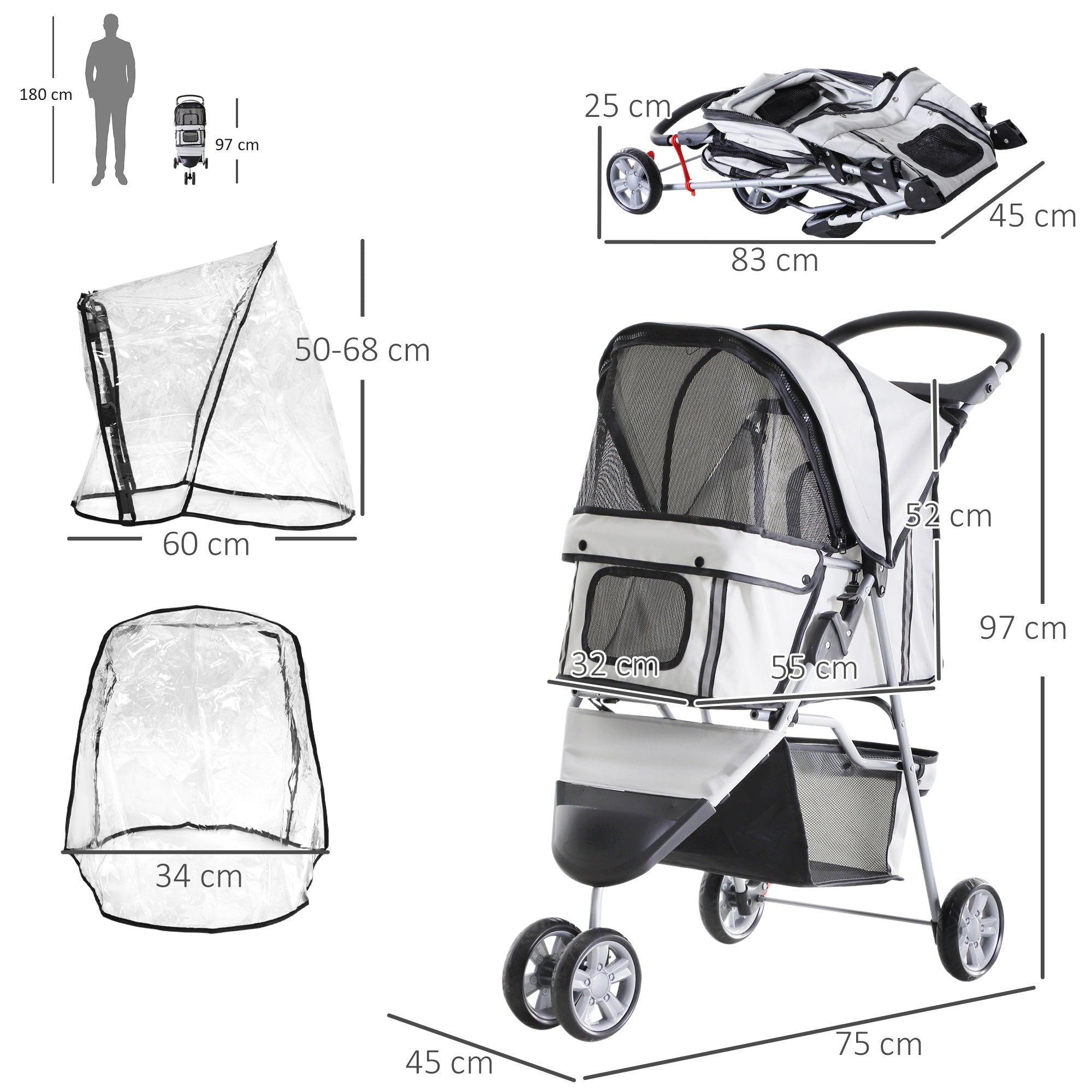 Dog Stroller with Cover for Small Miniature Dogs, Folding Cat Pram Dog Pushchair with Cup Holder, Storage Basket, Reflective Strips, Grey