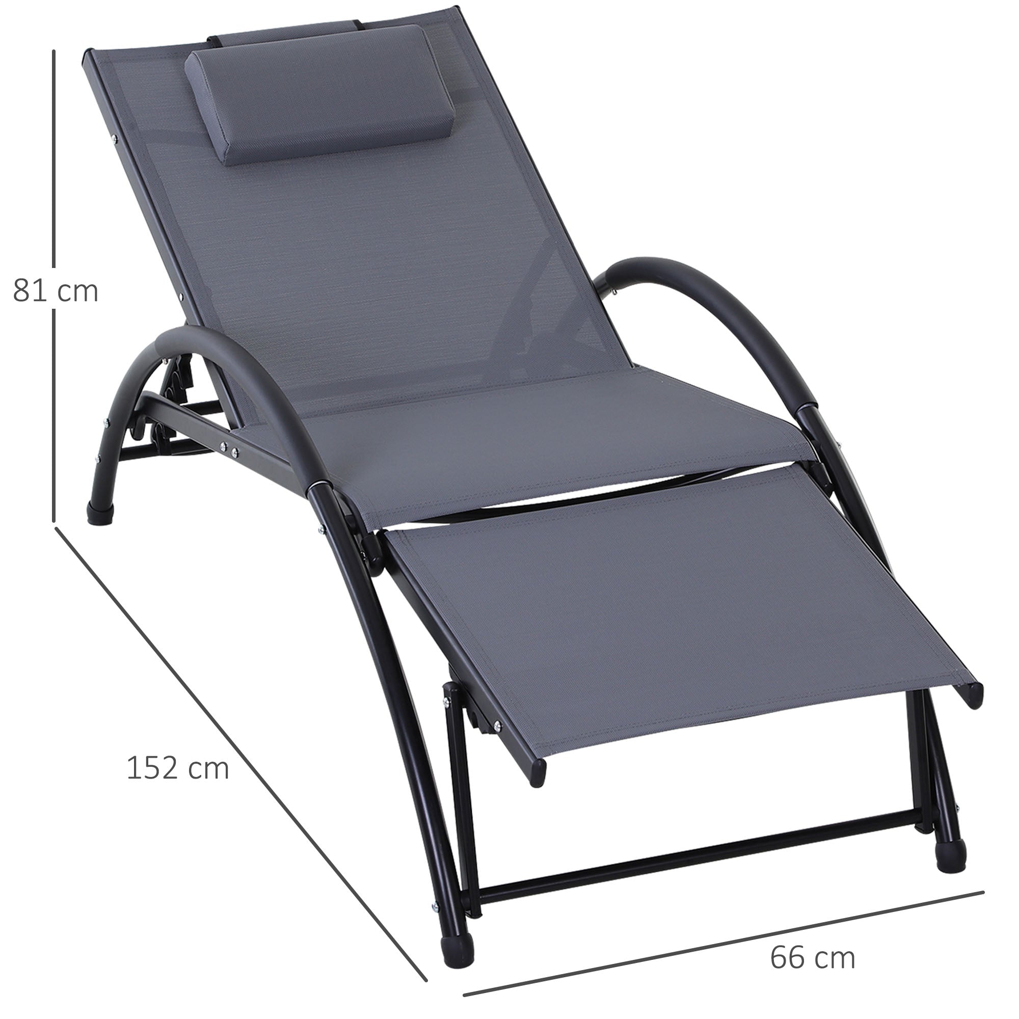 Garden Patio Sun Lounger Half Circle Armrest Adjustable Head Footrest Aluminium Frame Textline Seat &Pillow Garden Outdoor - Grey