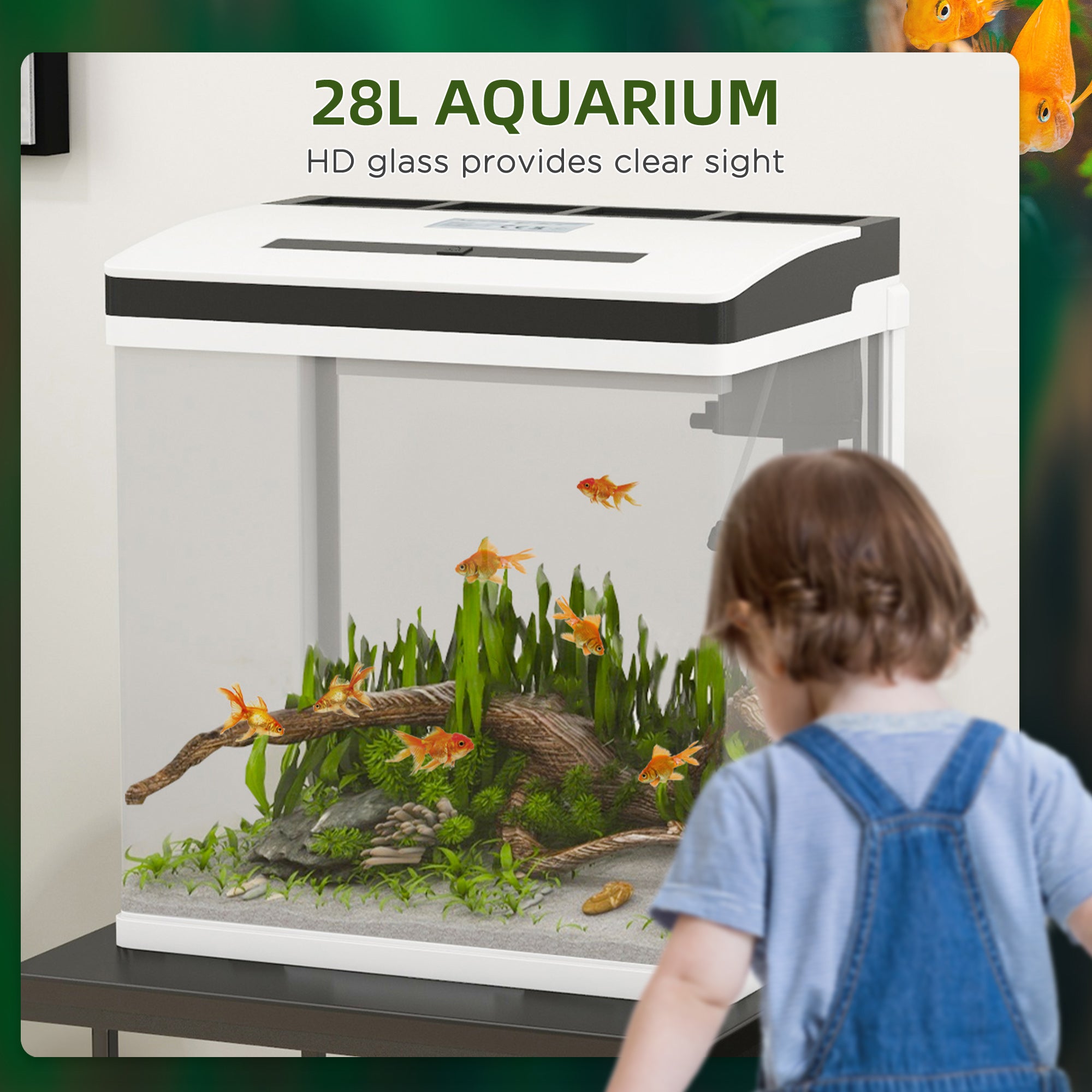 28L Glass Aquarium Fish Tank with LED Lighting and Filter for Betta, Guppy, Shrimp - White