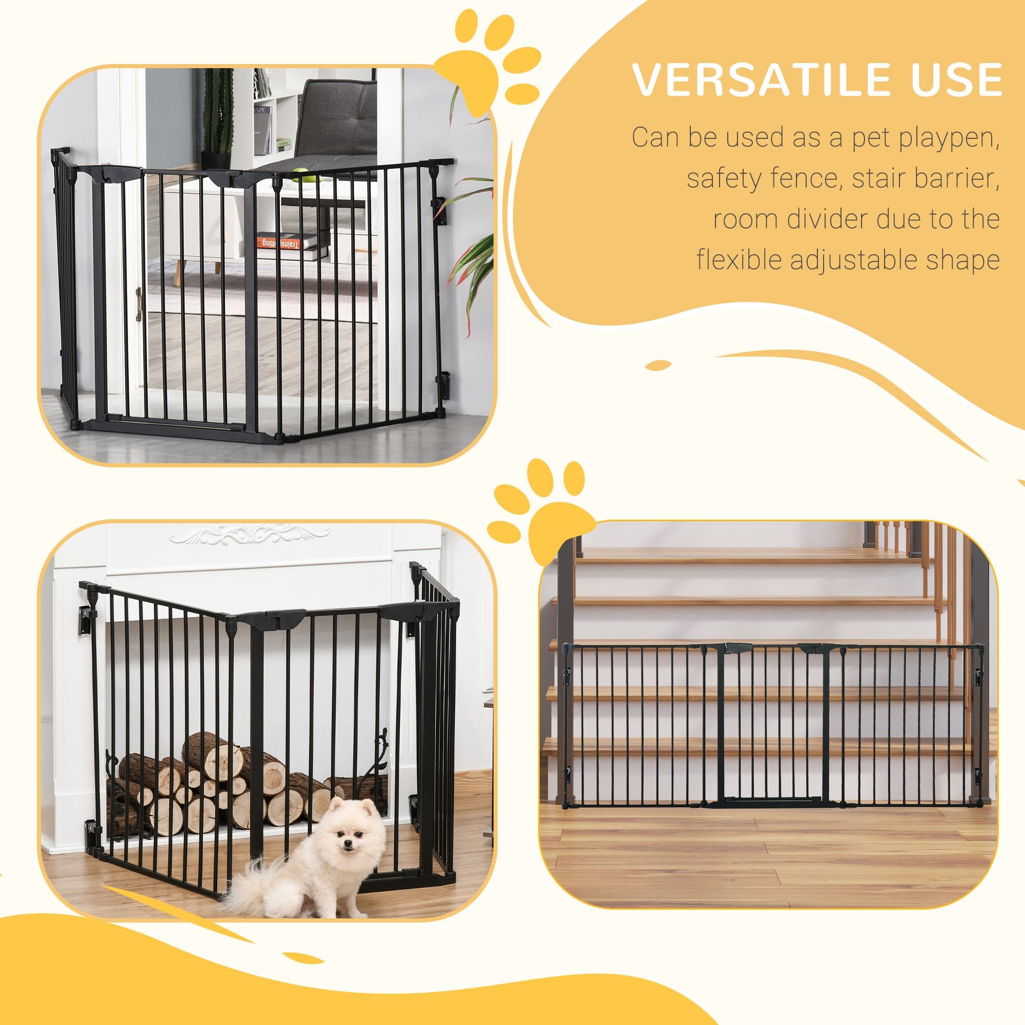 Pet Gate 3-Panel Playpen Metal Safety Fence Stair Gate For Dogs Barrier Room Divider with Walk Through Door Automatically Close Lock