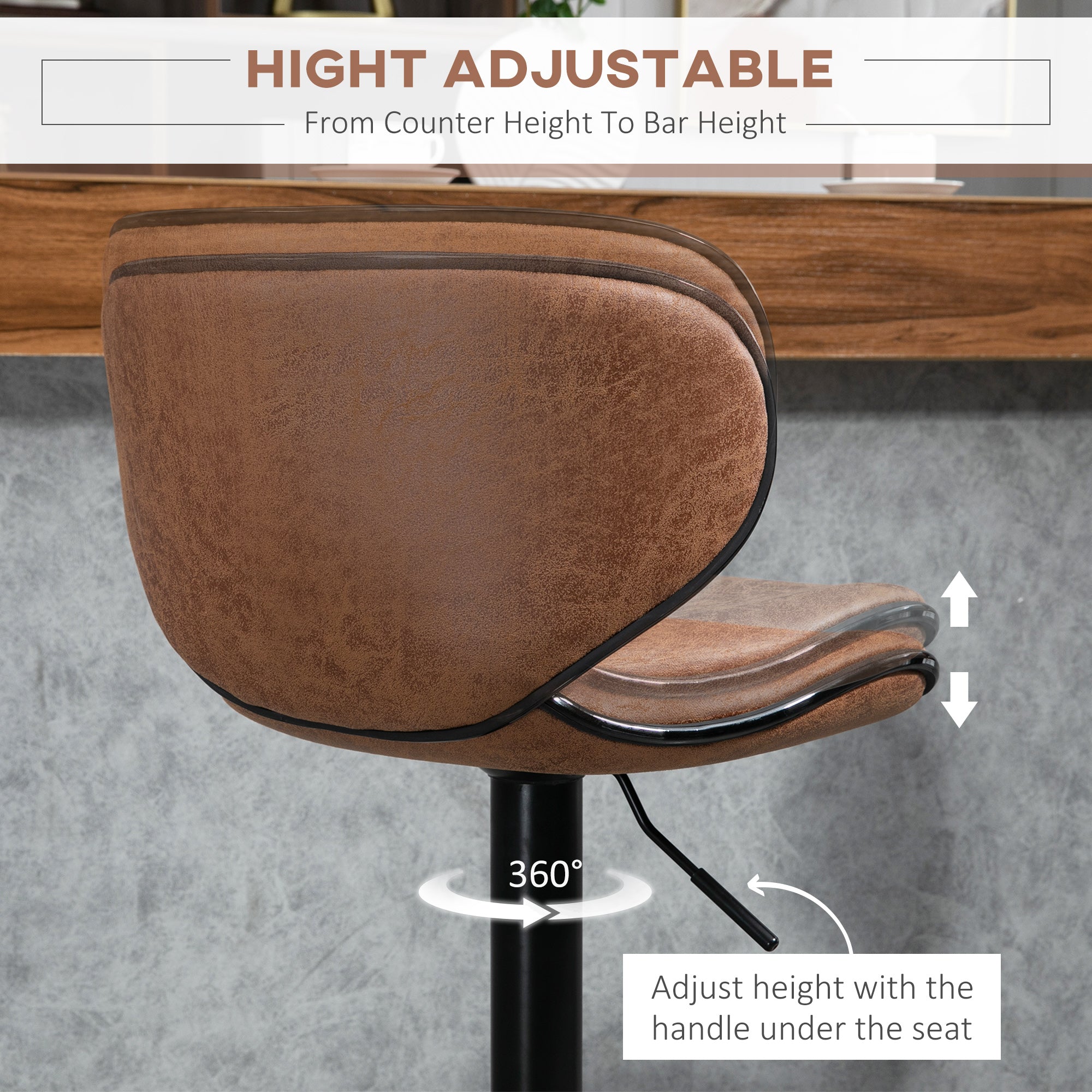 Set of 2 Adjustable Height Microfiber Bar Stools with Swivel Armless Seats - Brown