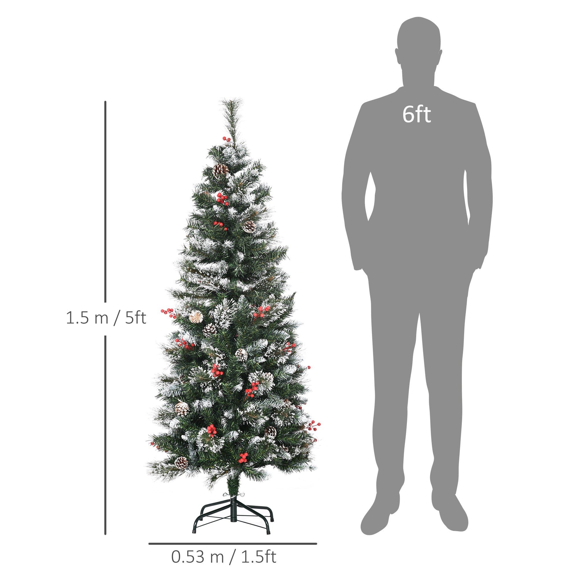 5 Foot Snow Dipped Artificial Christmas Tree Slim Pencil Xmas Tree with 402 Realistic Branches, Pine Cones, Red Berries, Auto Open, Green