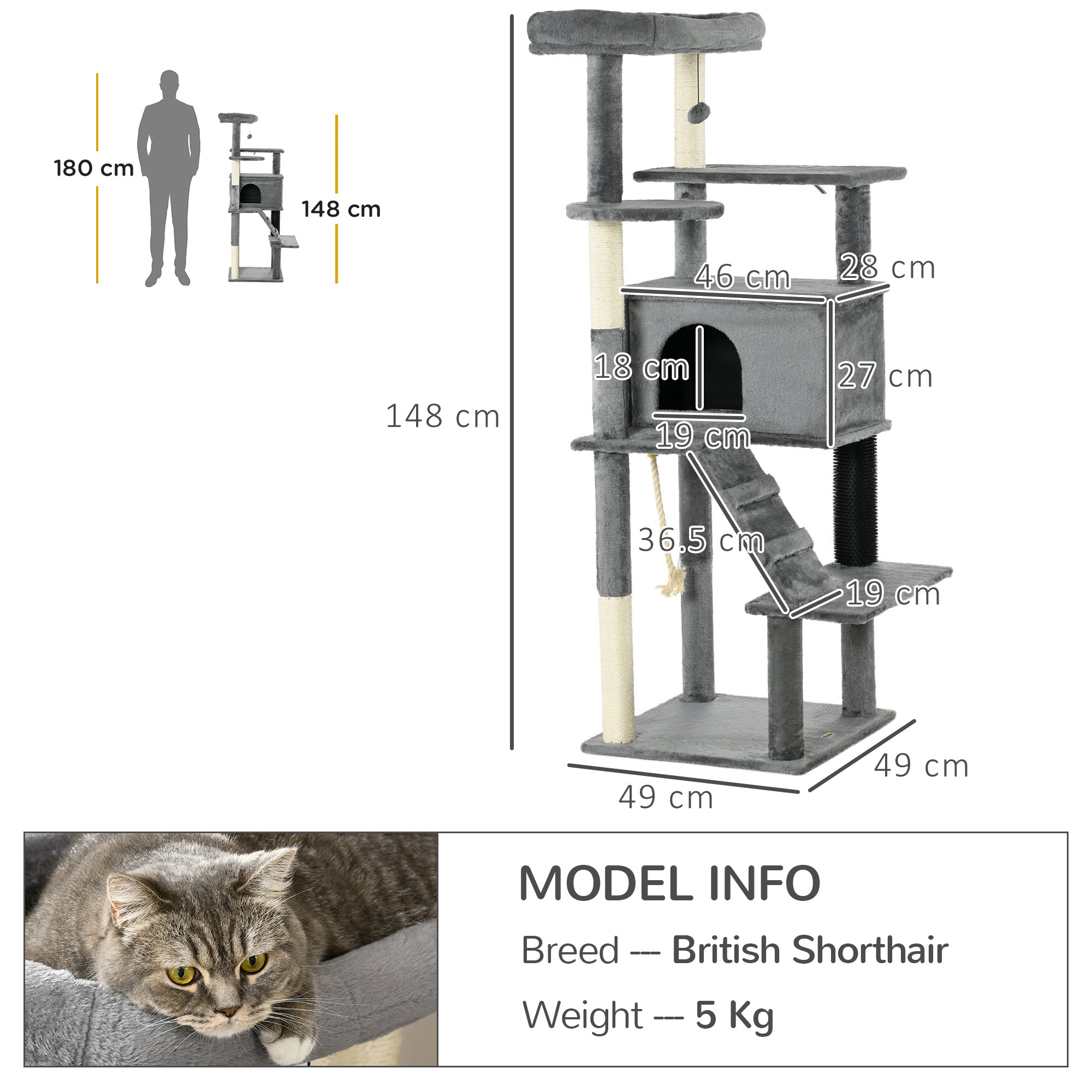 Cat Tree Tower for Indoor Cats, with Scratching Post, Cat House, Toy, Grey