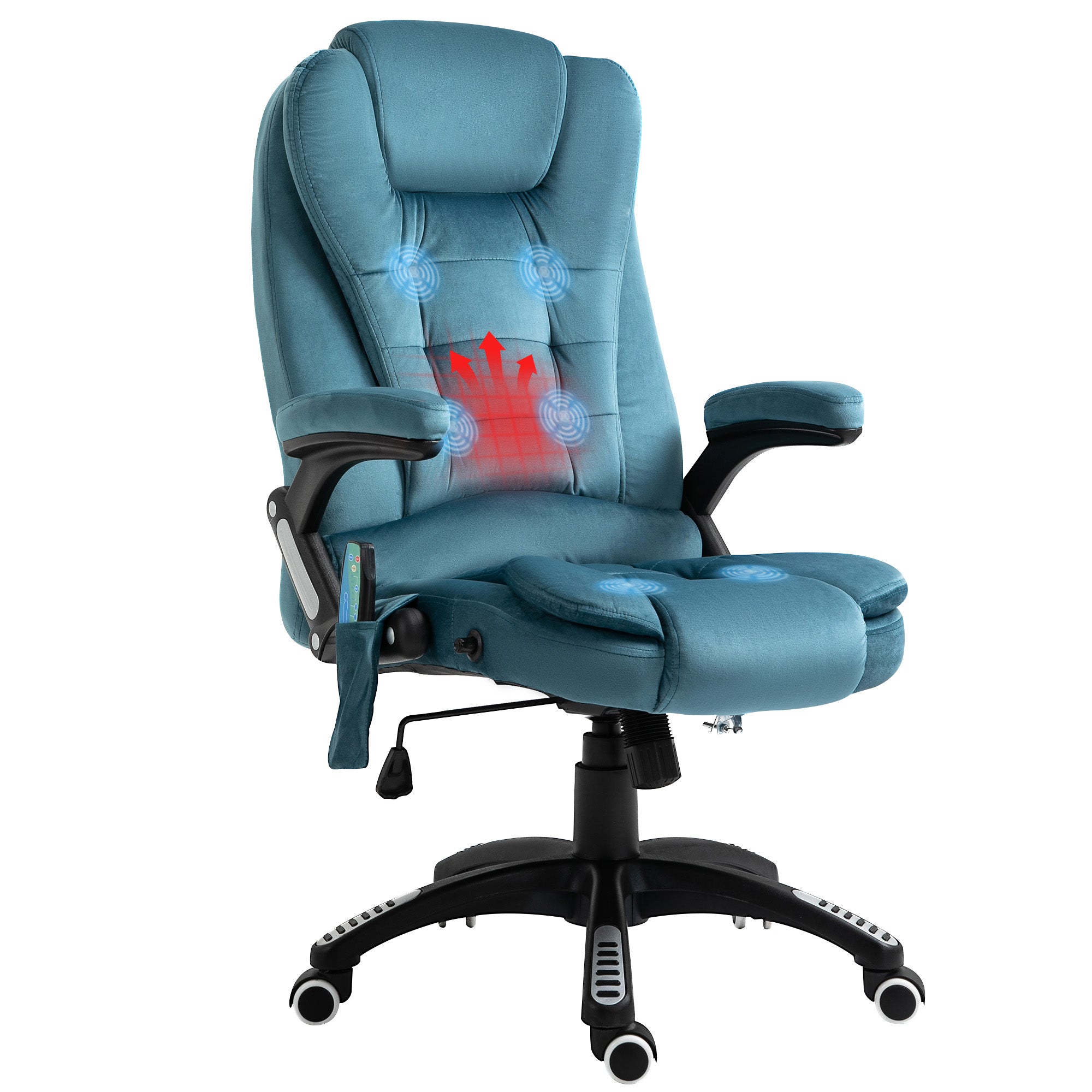 Massage Recliner Chair Heated Office Chair with Six Massage Points Velvet-Feel Fabric 360° Swivel Wheels Blue