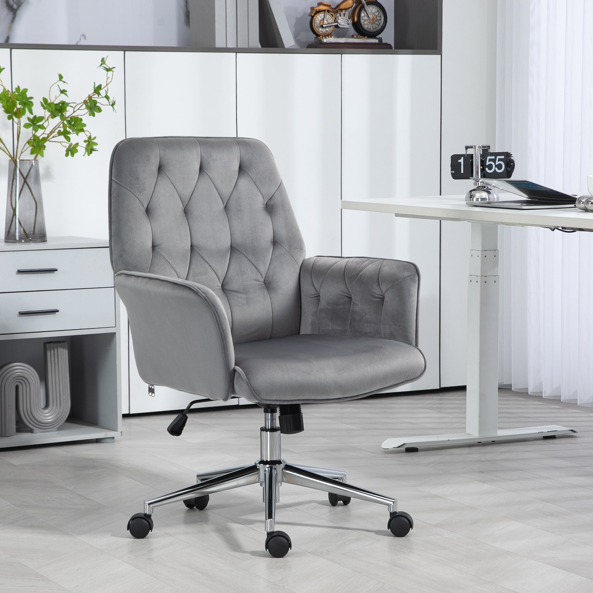 Linen Computer Chair with Armrest, Modern Swivel Chair with Adjustable Height, Dark Grey