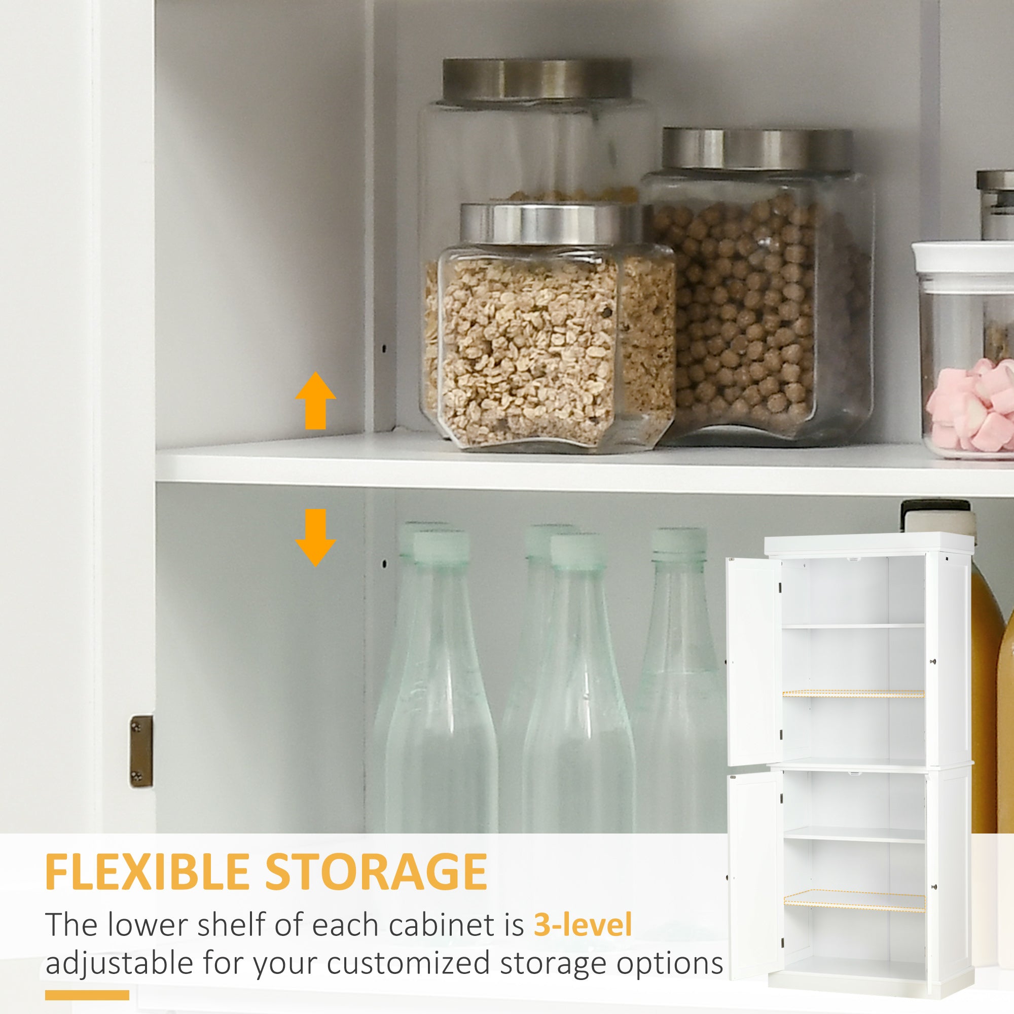 Freestanding Kitchen Cupboard with 4 Doors, 6-Tier and Adjustable Shelves - White