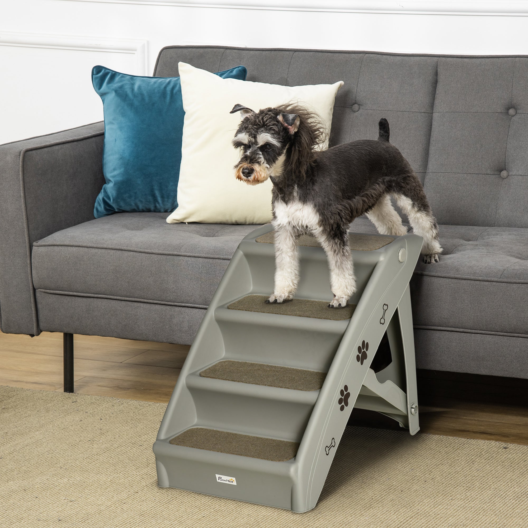 Foldable Pet Stairs, 4-Step for Cats Small Dogs with Non-slip Mats, 62 x 38 x 49.5 cm, Grey