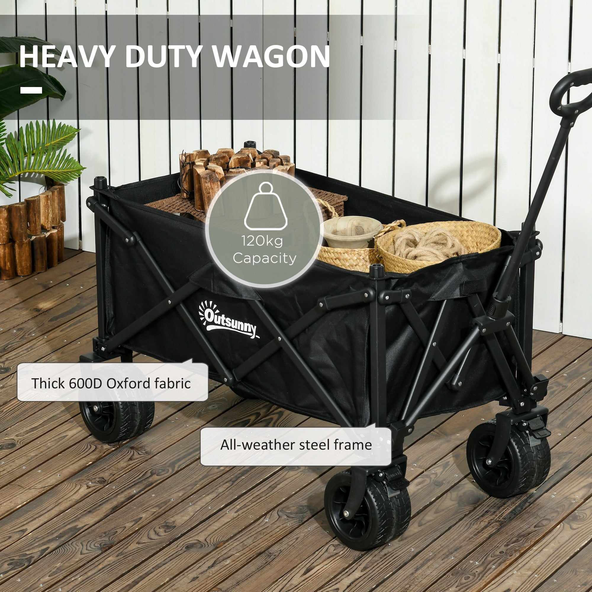 Folding Garden Trolley, Outdoor Wagon Cart with Carry Bag, for Beach, Camping, Festival, 120KG Capacity, Black