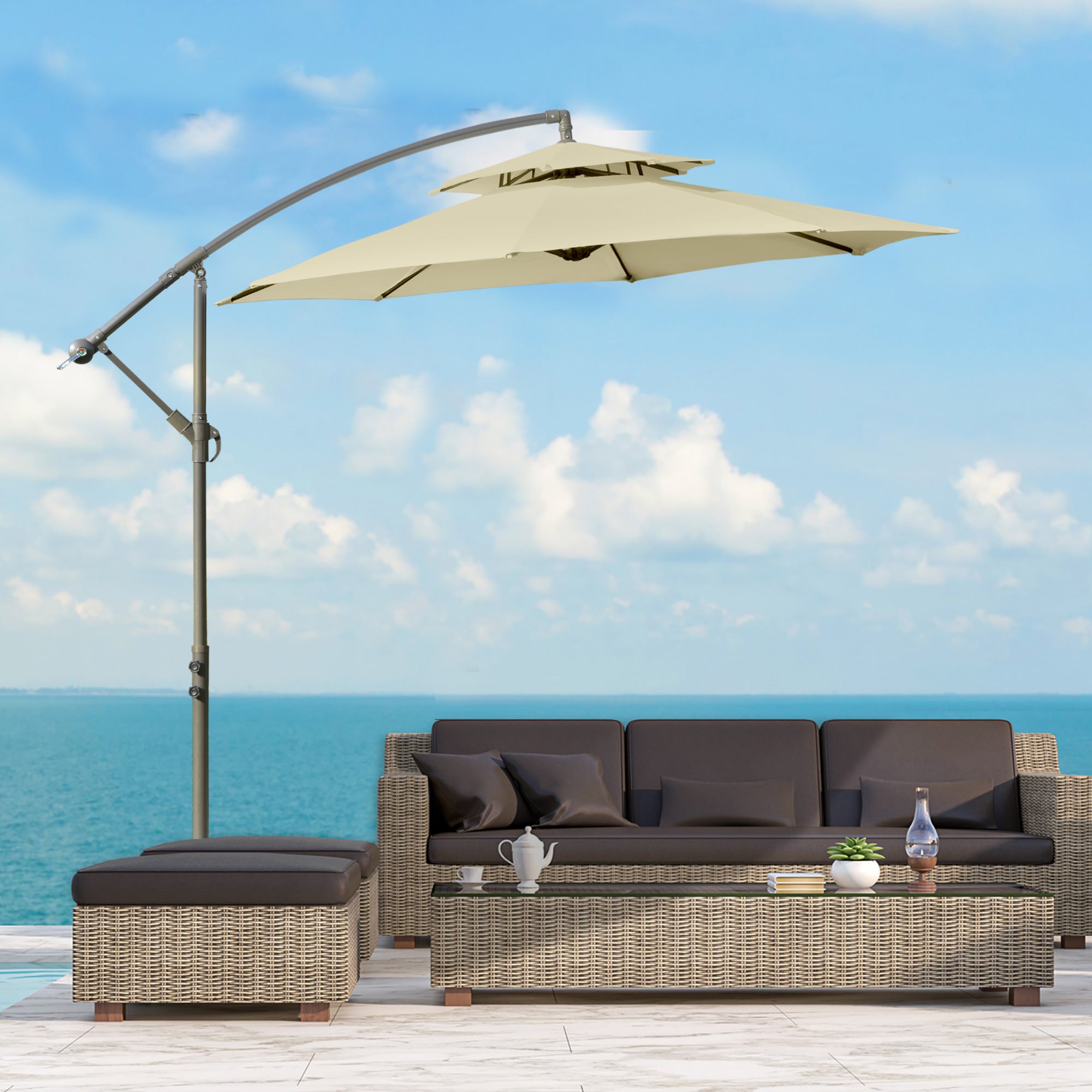 2.7m Garden Banana Parasol Cantilever Umbrella with Crank Handle, Double Tier Canopy and Cross Base for Outdoor, Hanging Sun Shade, Beige