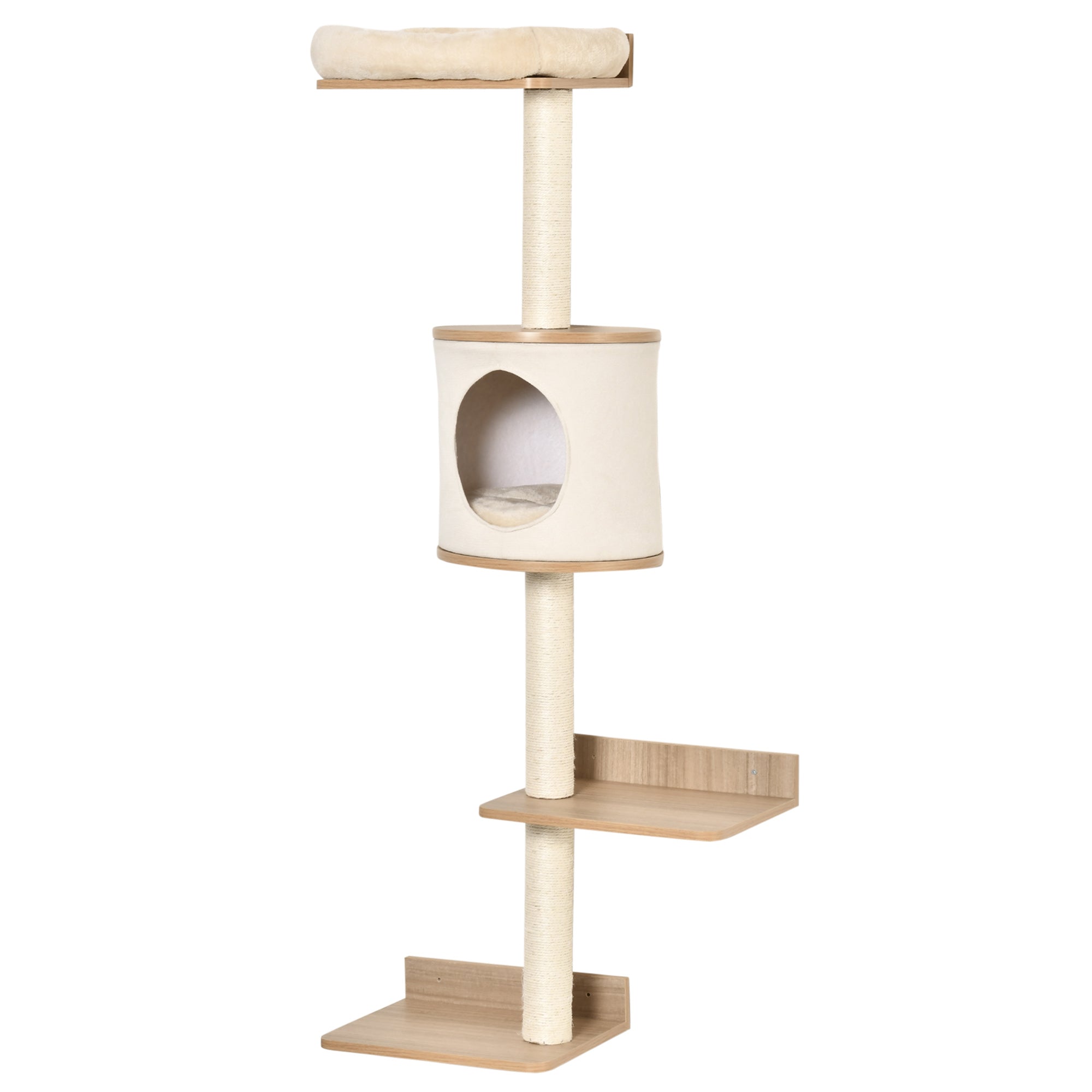 Cat Tree for Indoor Cats Wall-Mounted Cat Shelf Shelter Kitten Perch Climber Furniture w/ Condo Bed Scratching Post – Beige