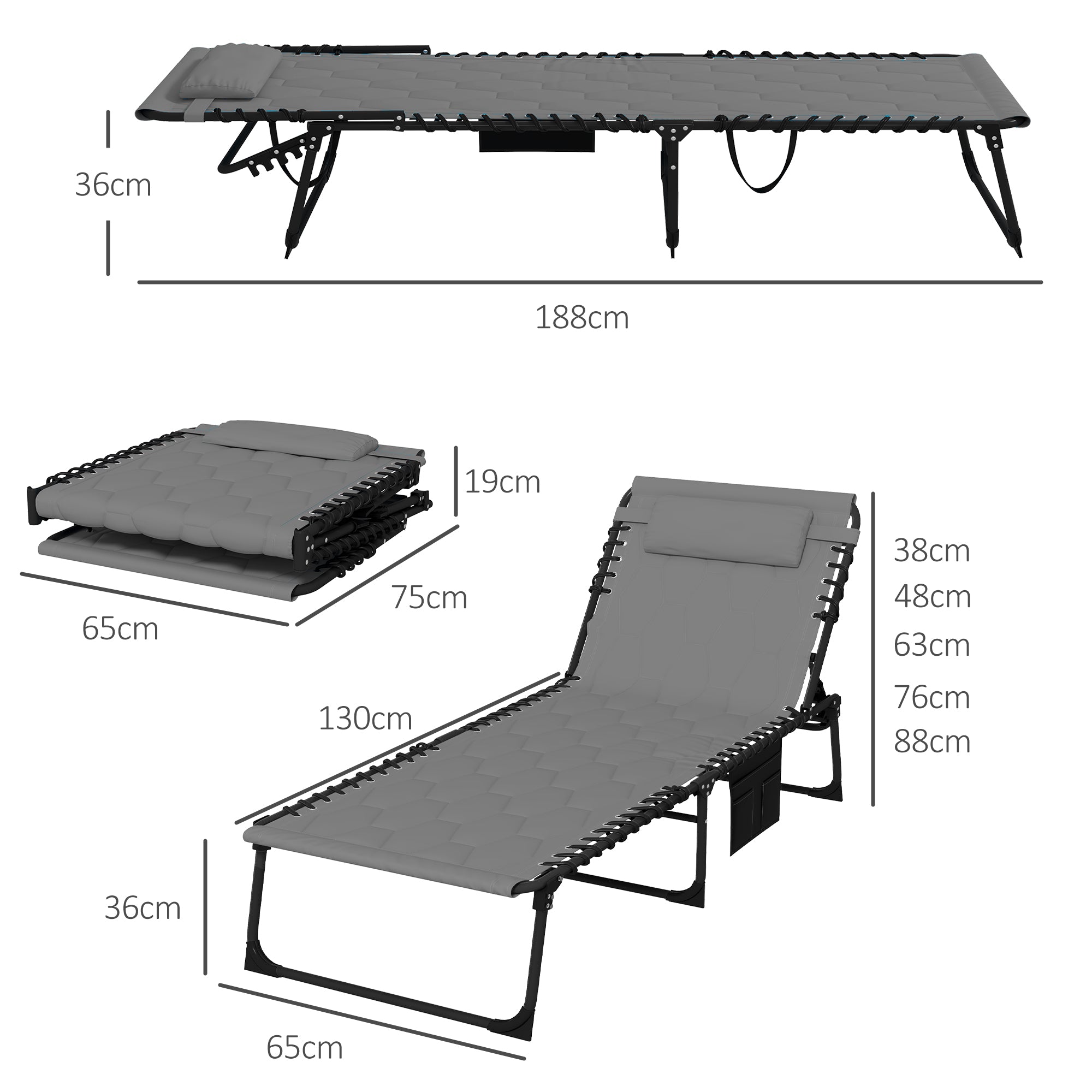 Foldable Sun Lounger Set with 5-level Reclining Back, Outdoor Tanning Chairs w/ Padded Seat, Outdoor Sun Loungers with Side Pocket