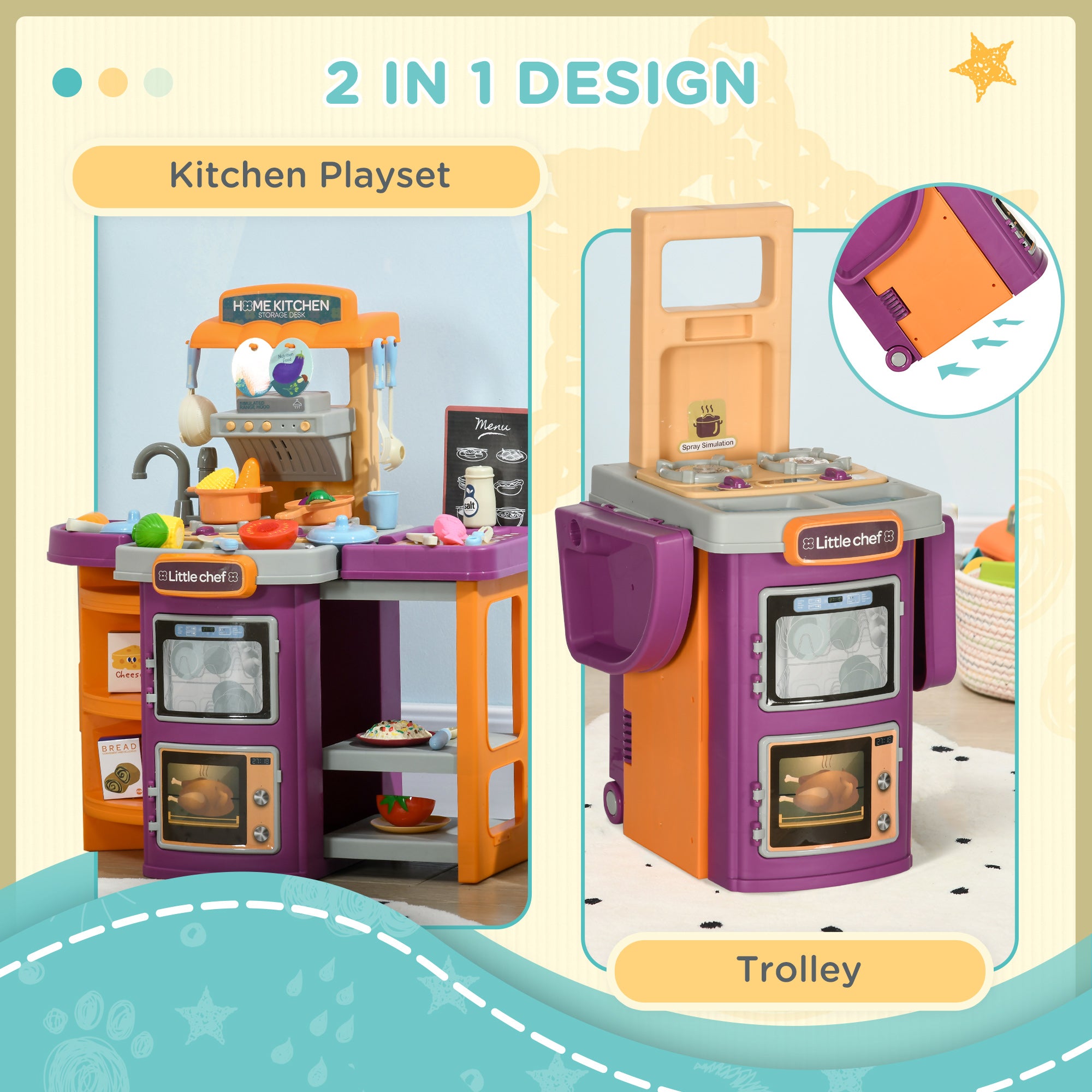 Toy Kitchen, 49 Pieces Kids Play Kitchen, Children Trolley, with Sound and Light, Spray Effects, Running Water