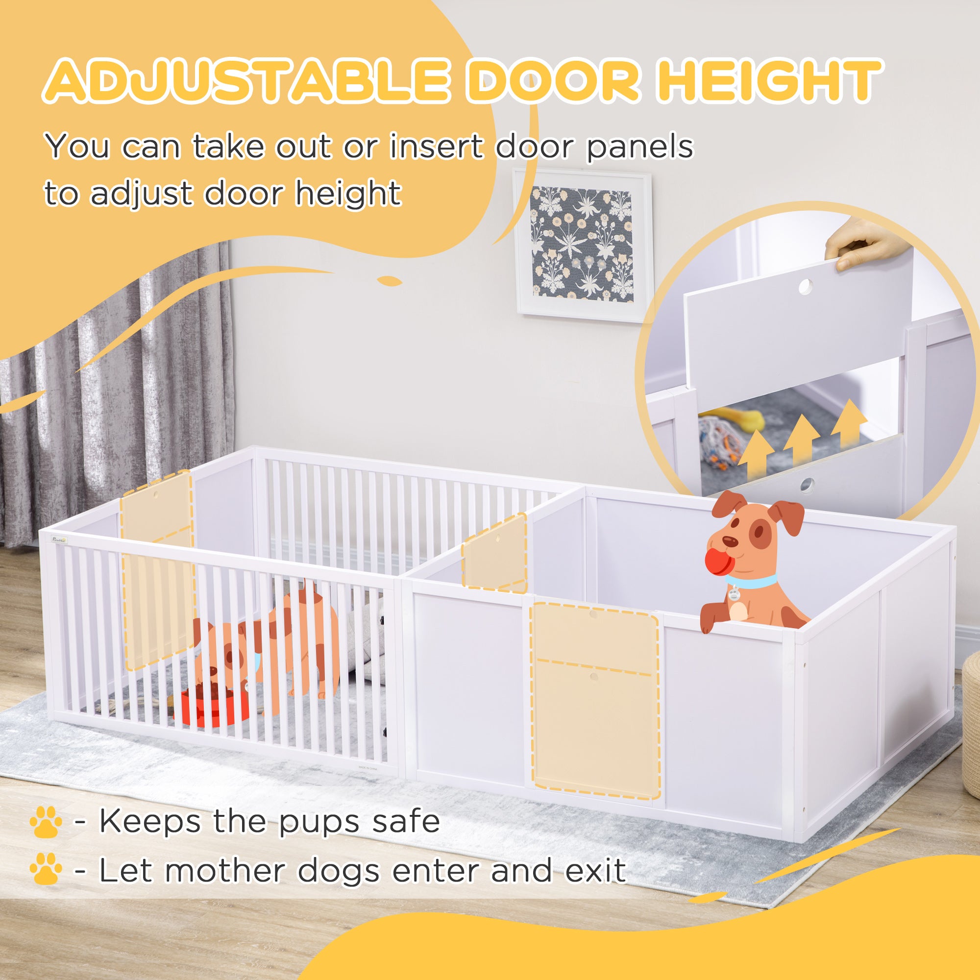 7 Panels Playpen with 3 Doors for Baby Dogs, Two-Room Design Puppy Whelping Box - White