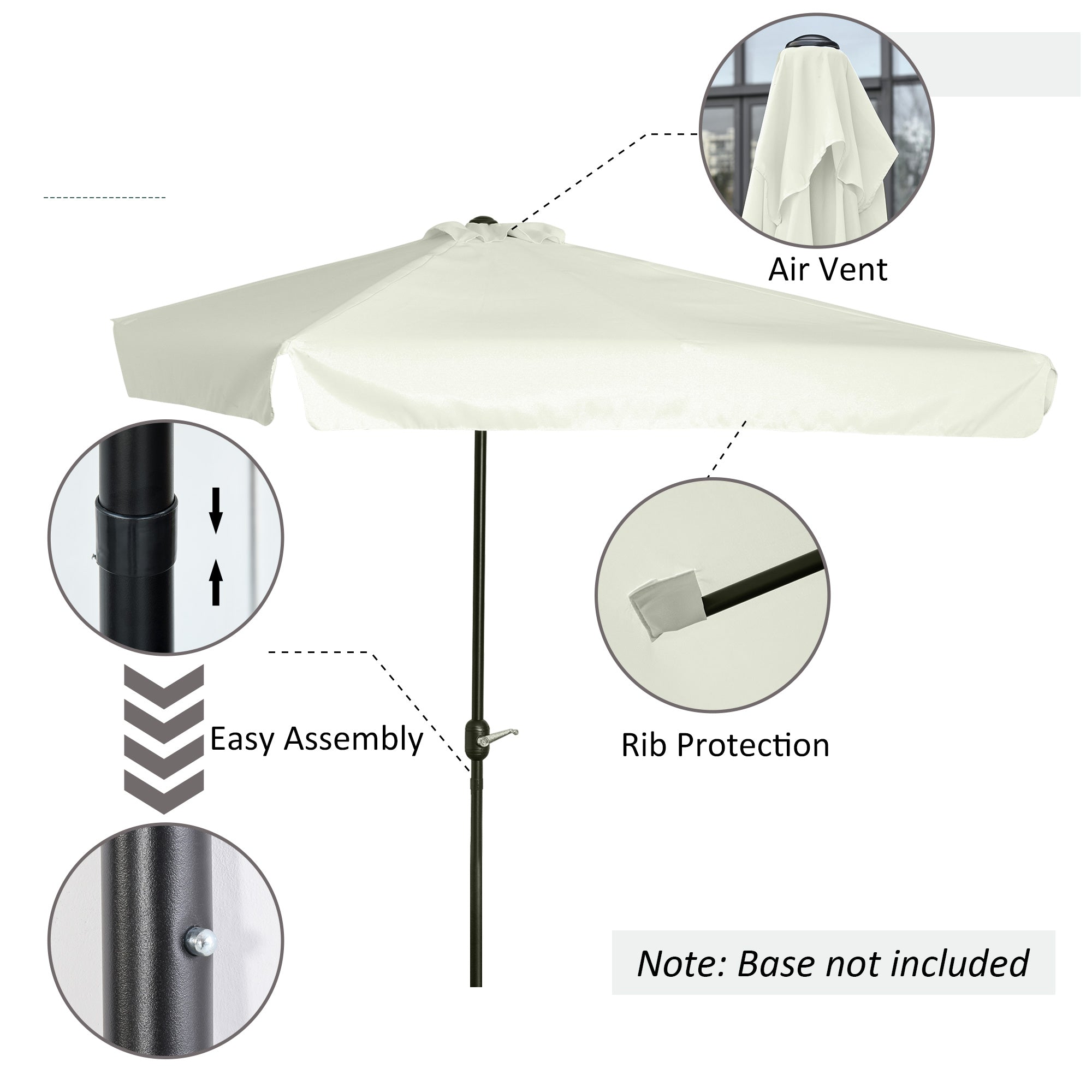 2.3m Half Parasol Semi Round Umbrella Patio Metal Frame Crank Handle for Balcony-- NO BASE INCLUDED, Cream White