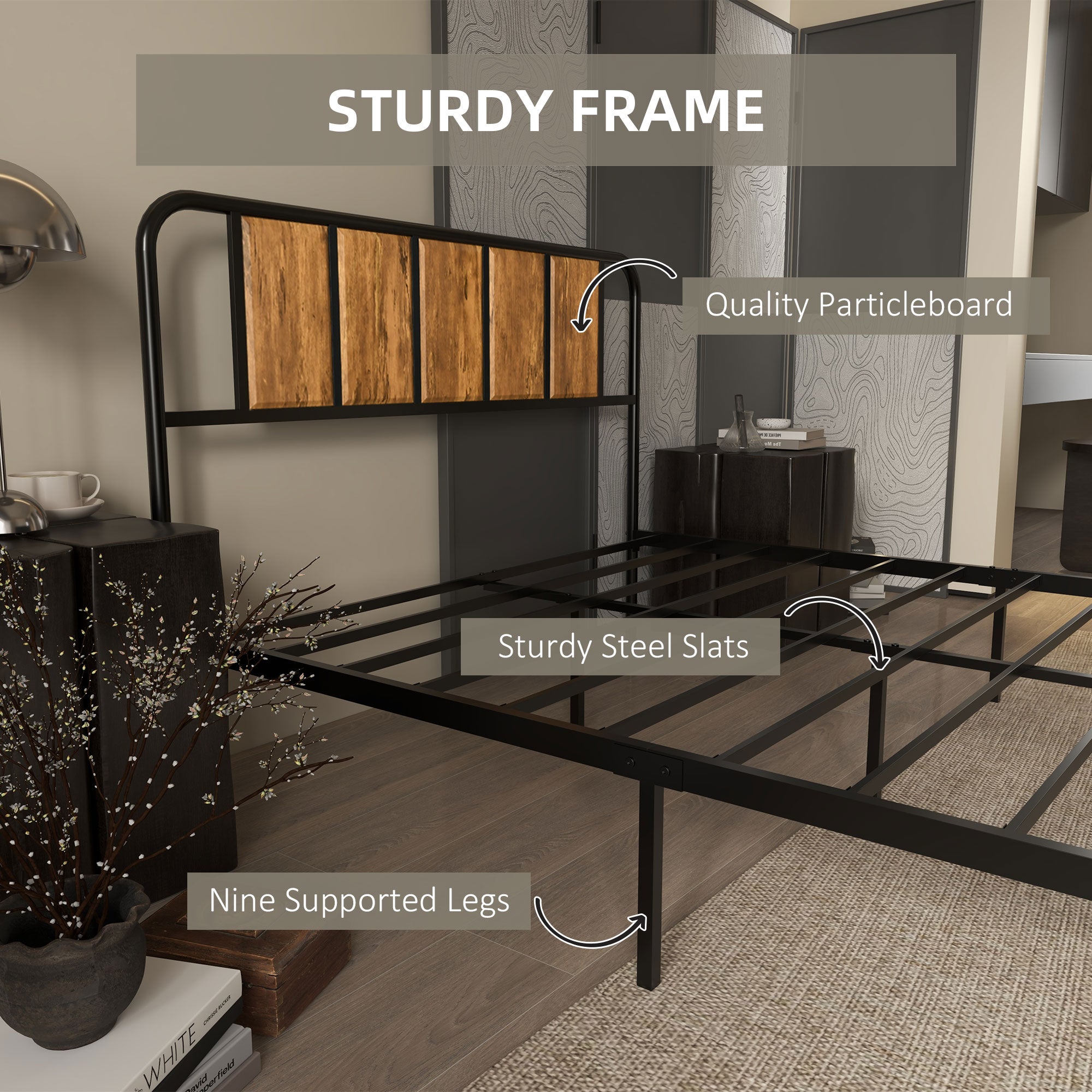 Industrial Style Double Bed Frame with Curved Headboard & Footboard