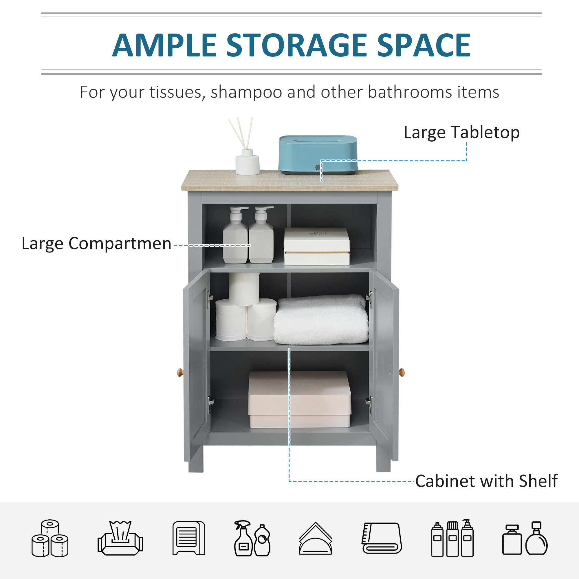 Bathroom Floor Storage Cabinet Free Standing Unit with Compartment Adjustable Shelf Double-door Design, Free Standing Organizer, Grey