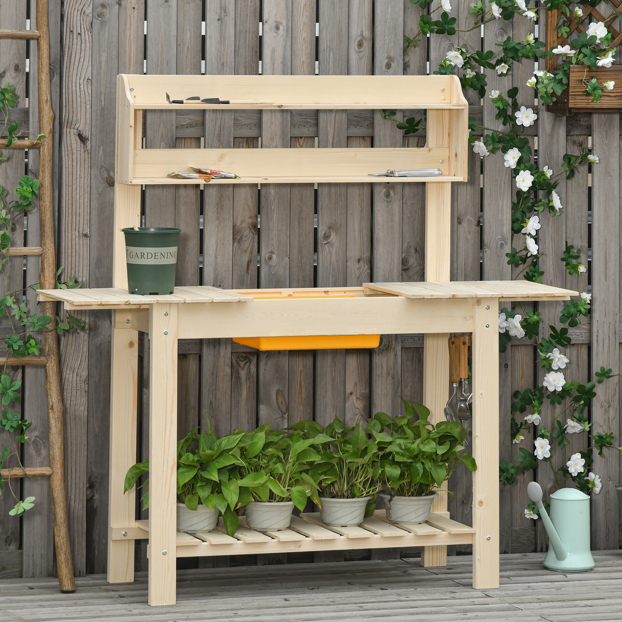 Garden Potting Bench w/ Sliding Tabletop, Wooden Workstation w/ Dry Sink, Outdoor Workbench Potting Table w/ Storage Shelf & Hooks, Natural