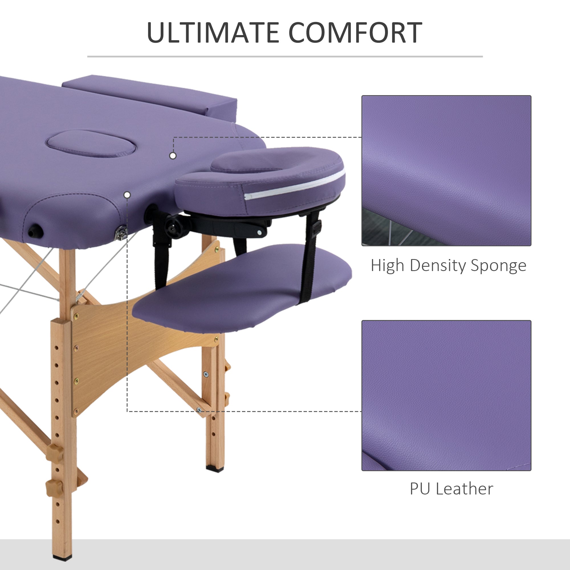 Portable Massage Bed, Folding Spa Beauty Massage Table with 2 Sections, Carry Bag and Wooden Frame, Purple