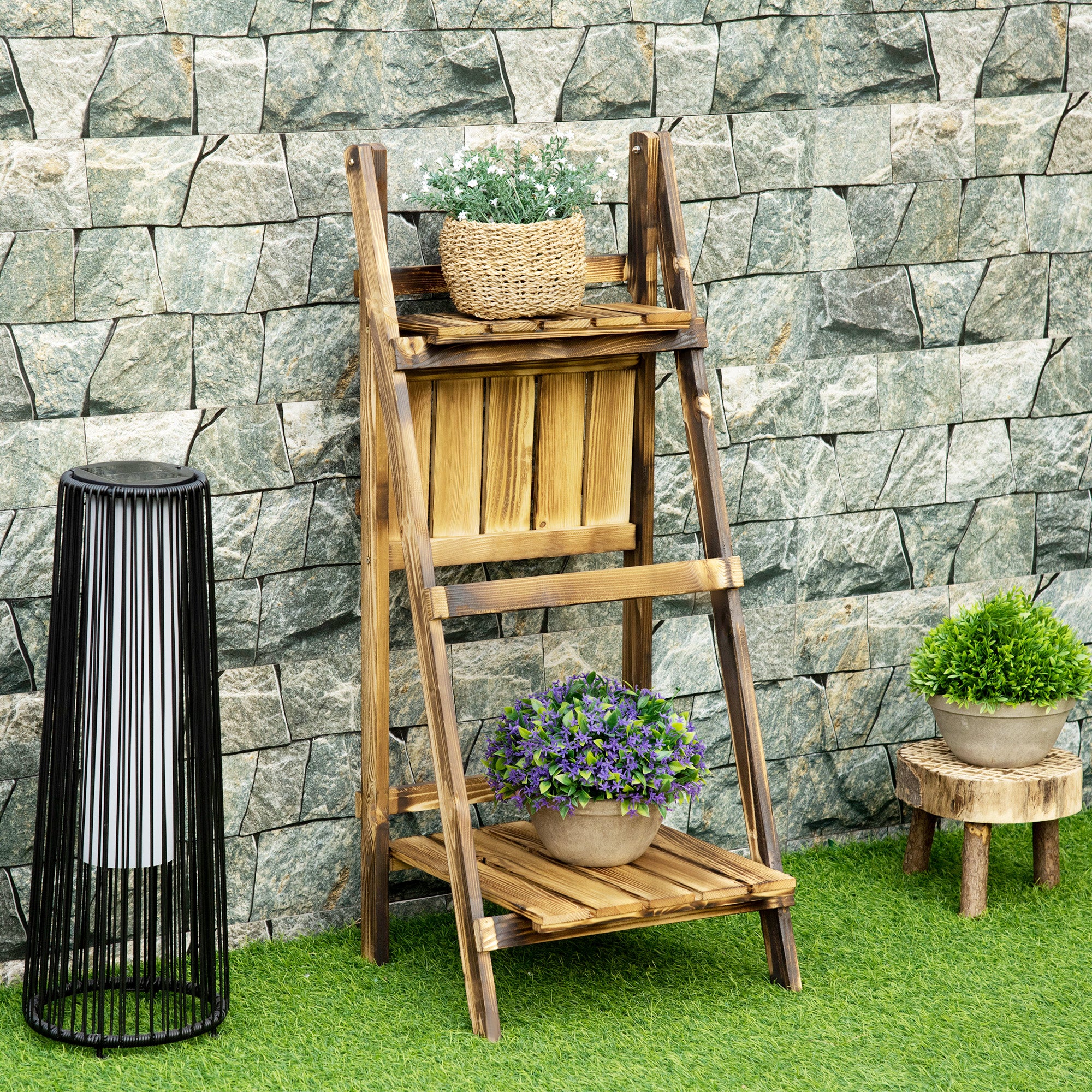 3 Tier Flower Stand Wood Folding Planter Ladder Display Shelf Rack for Garden Outdoor Backyard 40Lx37Wx93H(cm)